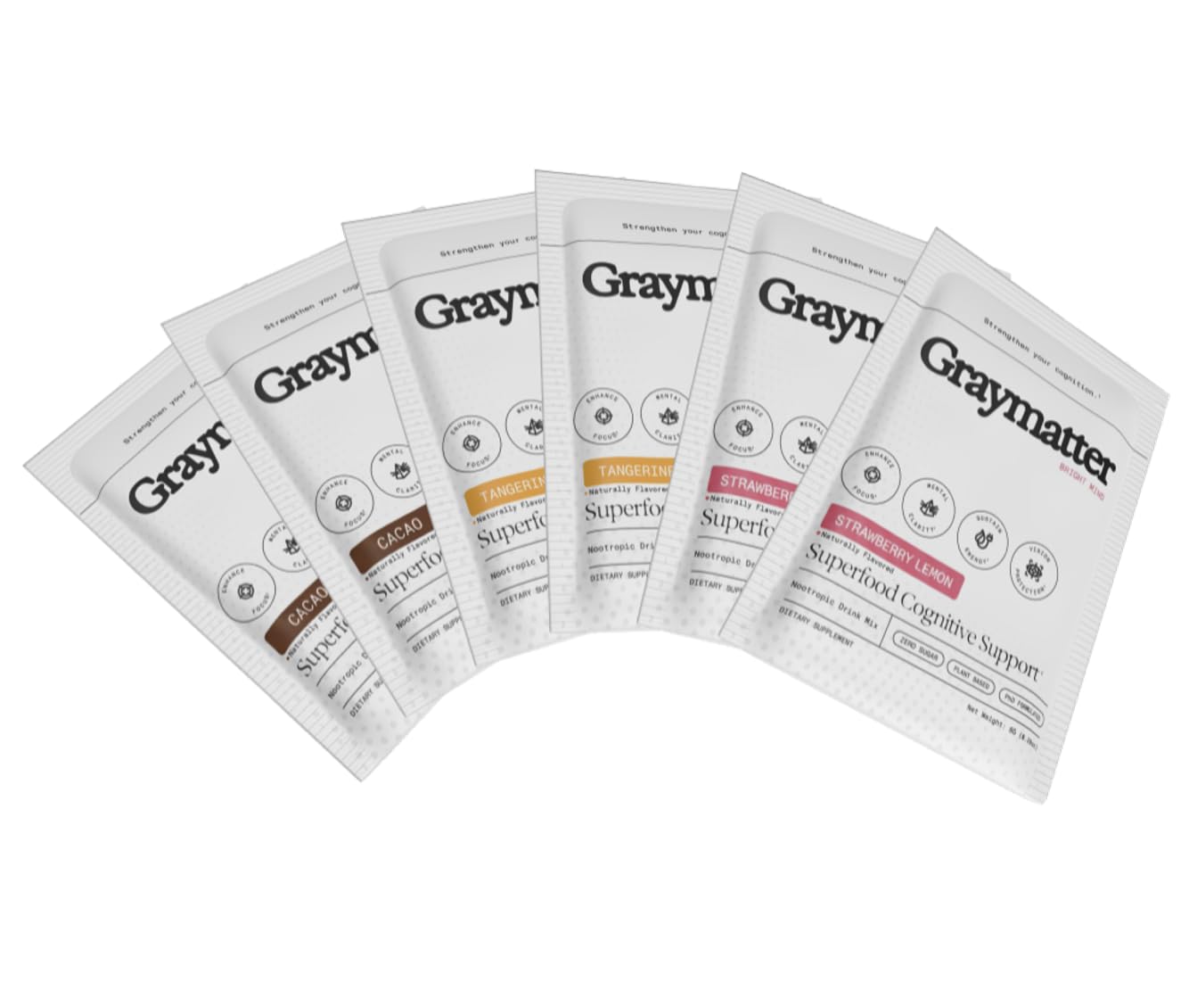 Graymatter Bright Mind Nootropic Powder (6 Travel Packets Variety Pack: Cacao, Tangerine, Strawberry Lemon) – Plant-Based Energy & Focus Drink Mix, Adaptogens & Vitamins, Sugar-Free Daily Supplement GraymatterAu supplements