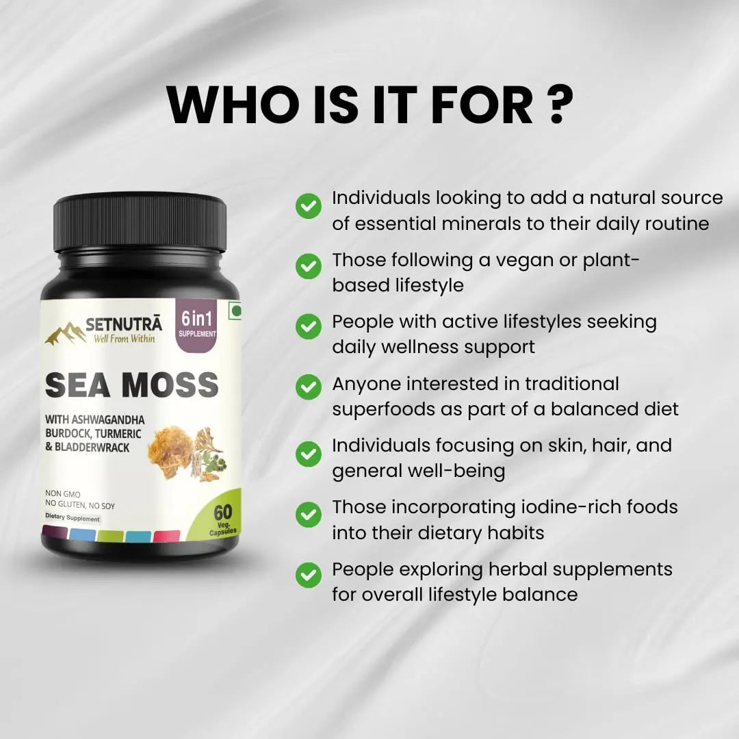 SETNUTRA Well From Within Sea Moss 6 in 1 Super Blend Ashwagandha Burdock Turmeric & Bladderwrack Immunity & Detox Support 60 Veg Capsules Non GMO No Gluten SETNUTRA Well From Withinnz supplements