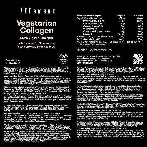Vegetarian Collagen, from Organic Eggshell Membrane, 120 Capsules | with Glucosamine, Chondroitin, Hyaluronic Acid and Plant Extracts ZenementUS supplements