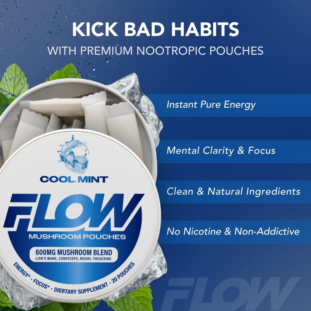 Flow Pouches Mushroom Nootropic Pouches - 600mg Organic Mushroom Energy Ultra Pouches with Lion's Mane, Reishi, Cordyceps for Focus & Clean Energy - Zero Caffeine or Sugar (5 Can Pack, Cool Mint) Flow PouchesAu supplements