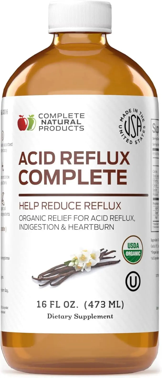 Acid Reflux Relief Liquid 16oz - Organic Heartburn Support Formula, Natural GERD Aid with Aloe Ginger Garlic Vanilla, Fast Absorbing Amish Remedy, Certified Organic Kosher Made in USA Supplement Complete Natural ProductsAu supplements