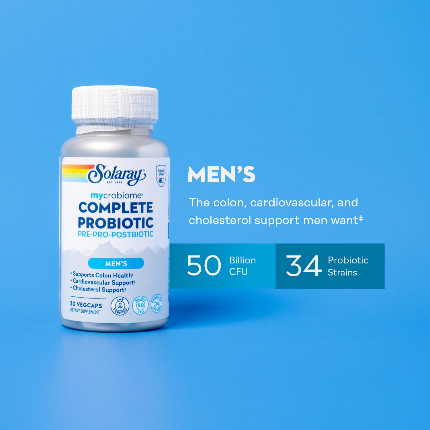 SOLARAY Mycrobiome Complete Probiotic Men's Formula - Pre and Probiotics for Men Plus Postbiotic - Digestive Health and Immune Support - 50 Billion CFU, 26 Strains - Vegan - 30 Servings, 30 VegCaps SOLARAYAu supplements