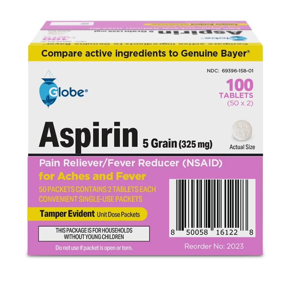Globe Aspirin Tablets, 325 mg - 100 Count, Single Use Packets, NSAID Pain Relief, Pain Reliever & Fever Reducer, Arthritis Pain Relief, Headache Relief, Migraine Medicine Aspirin Pain Reliever. GlobeAu supplements