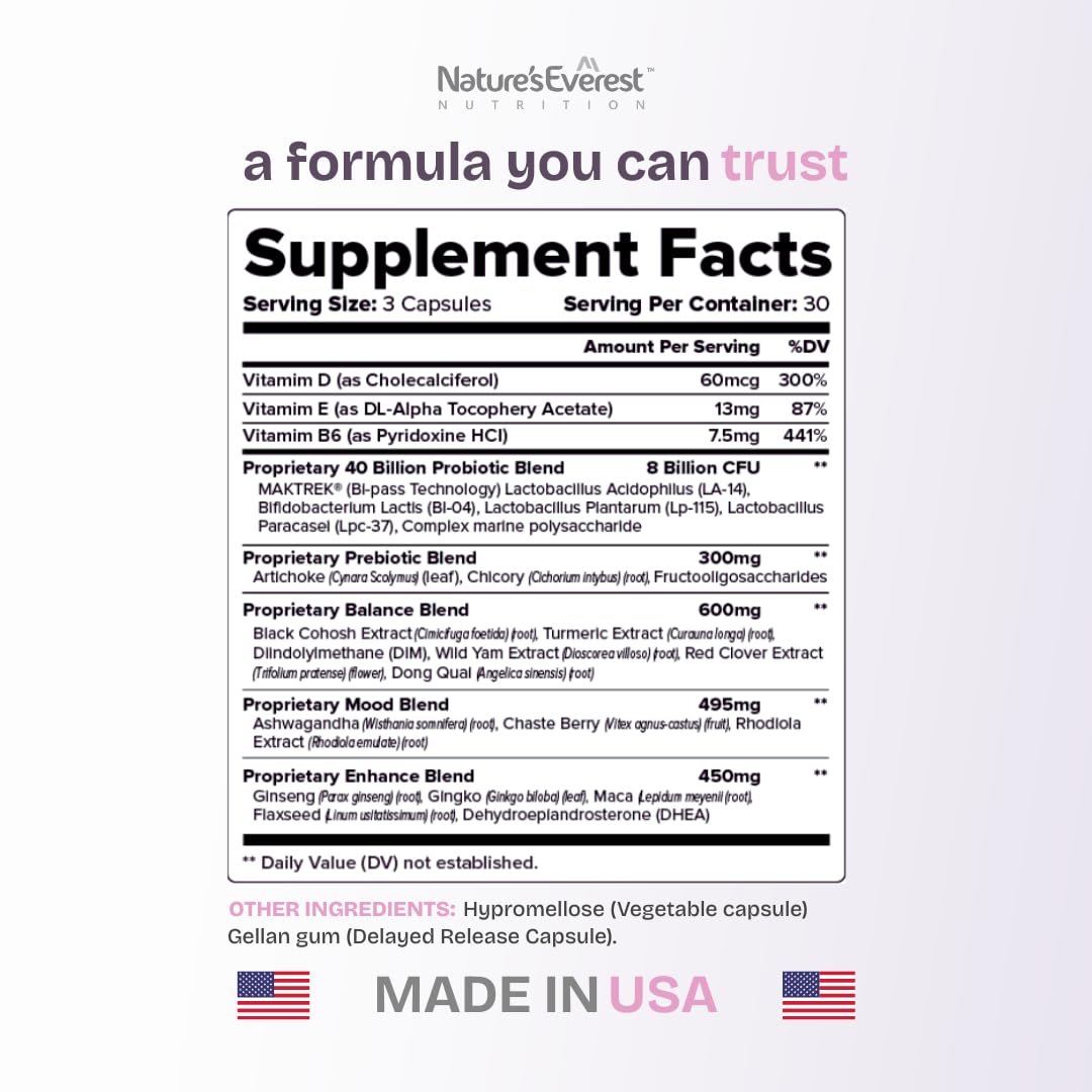 Complete Menopause Supplement for Women – Supports Hormone Balance, Hot Flashes, Night Sweats & Mood – with DIM, Black Cohosh, Dong Quai, Chasteberry, Pre & Probiotics – 90 Capsules – Made in USA Nature's EverestAu supplements
