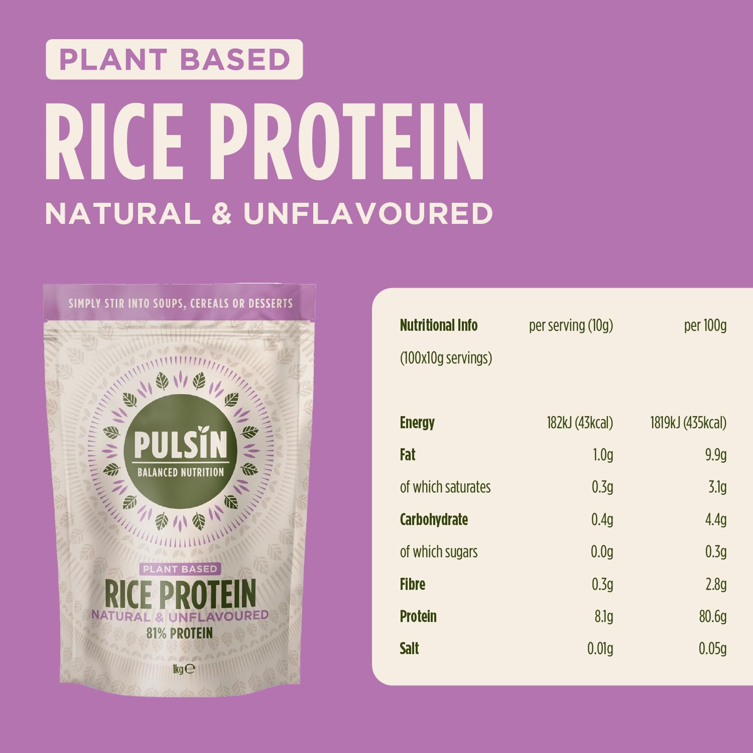 Pulsin - Natural & Unflavoured Vegan Rice Protein Powder - 1kg - 8.1g Protein, 0.4g Carbs, 43 Kcal Per Serving PulsinAu supplements