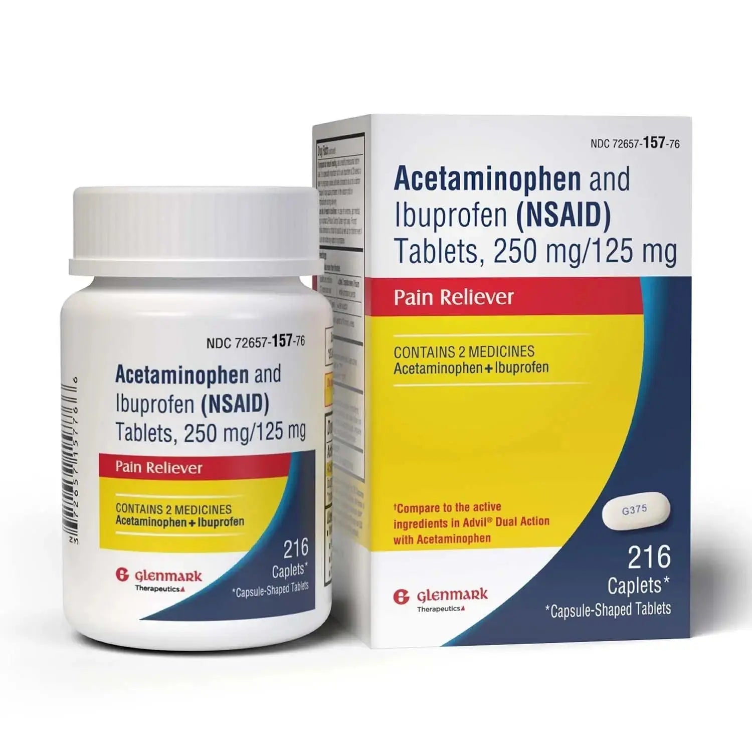 Dual Action Acetaminophen 250mg and Ibuprofen 125mg Caplets, Up to 8h of Pain Relief for Minor Aches and Pain, Headaches, Toothache, Backache, Menstrual Cramps, Minor Arthritis Pain, 216 Count Glenmark TherapeuticsAu supplements