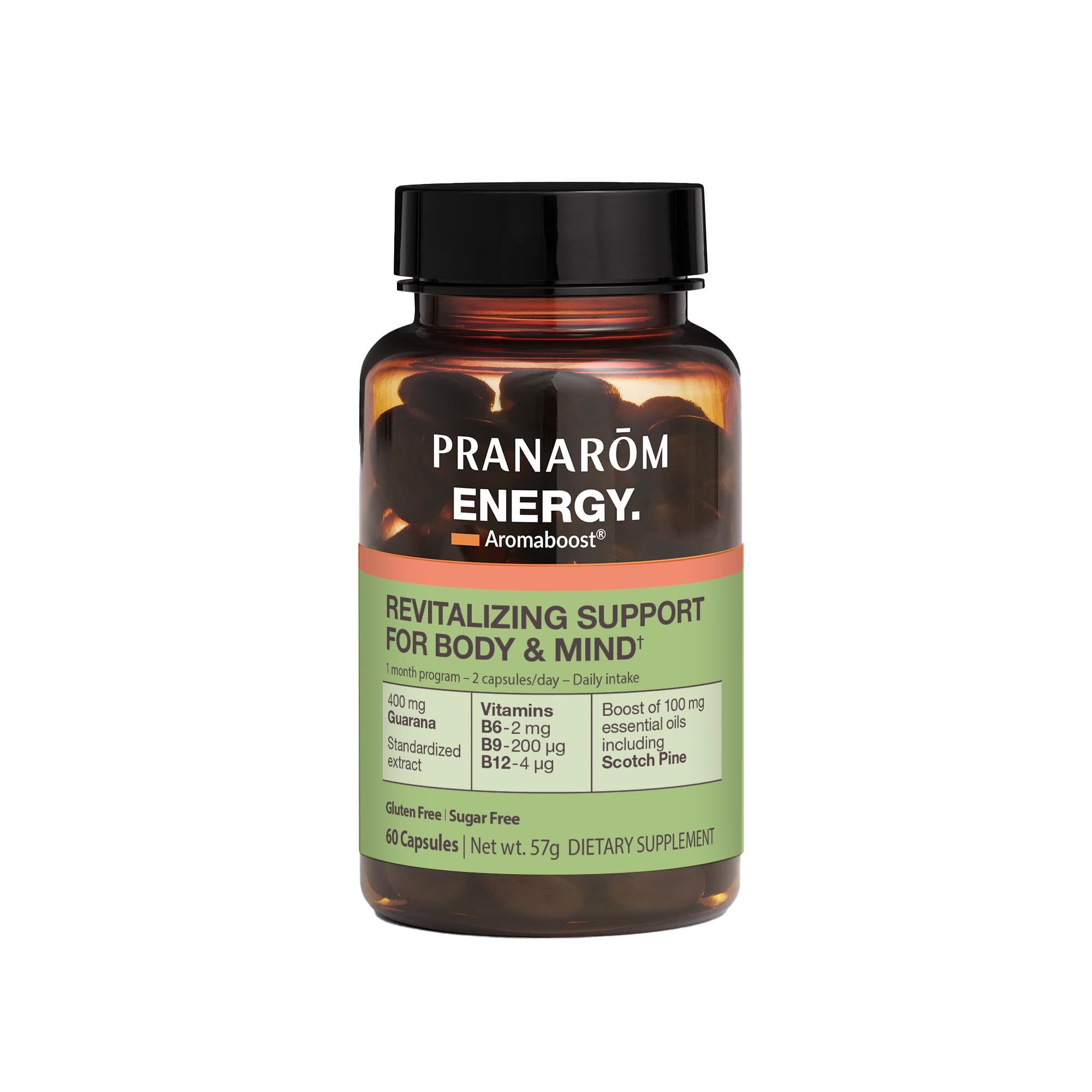 Pranarom - Aromaboost Energy Herbal Supplement - for Physical and Mental Fatigue - Guarana - Vitamins B6 B9 B12 - Pure Scots Pine Essential Oil - 60 Count PranaromAu supplements