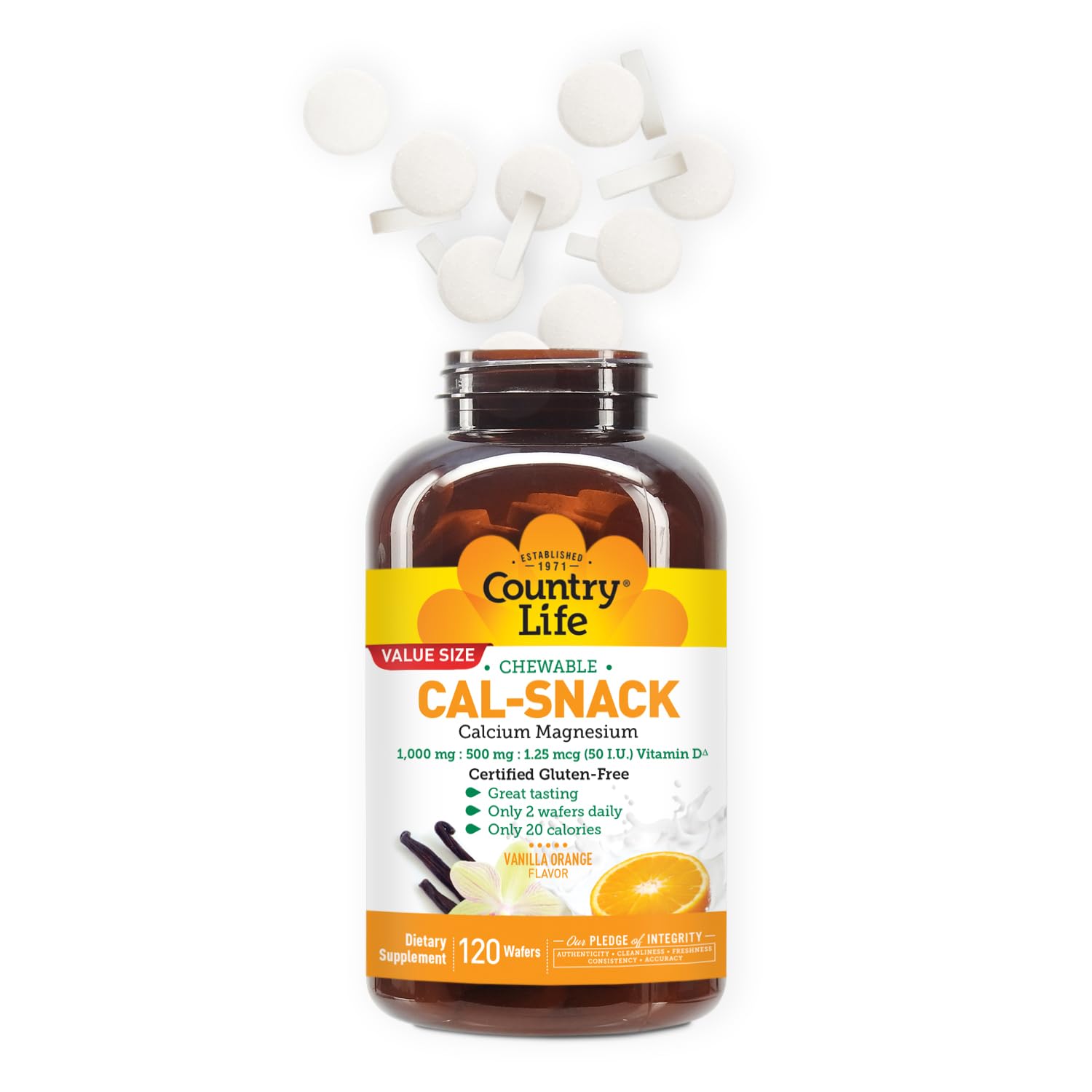 Country Life Cal-Snack - Chewable Calcium Magnesium Supplement wafers with Vitamin D3, Easy to Digest, Vanilla Orange Flavor, Dietary Supplement Country LifeAu supplements