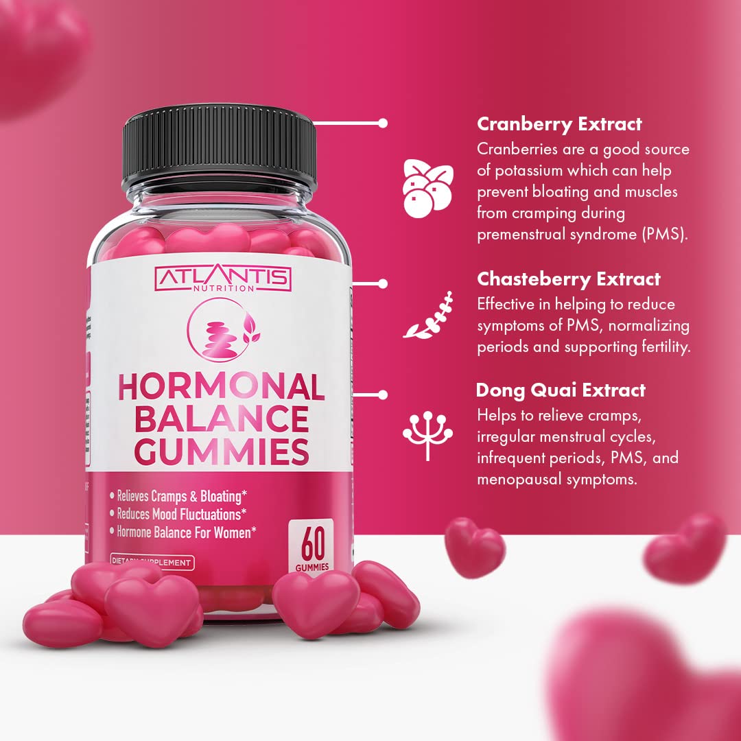 Atlantis Nutrition Hormonal Balance for Women & PMS Relief Gummies - Alleviates Cramps, Bloating, Mood Swings, Hot Flashes & Night Sweats - Cranberry, Dong Quai & Chasteberry Menstrual Cramp Relief Atlantis NutritionAu supplements