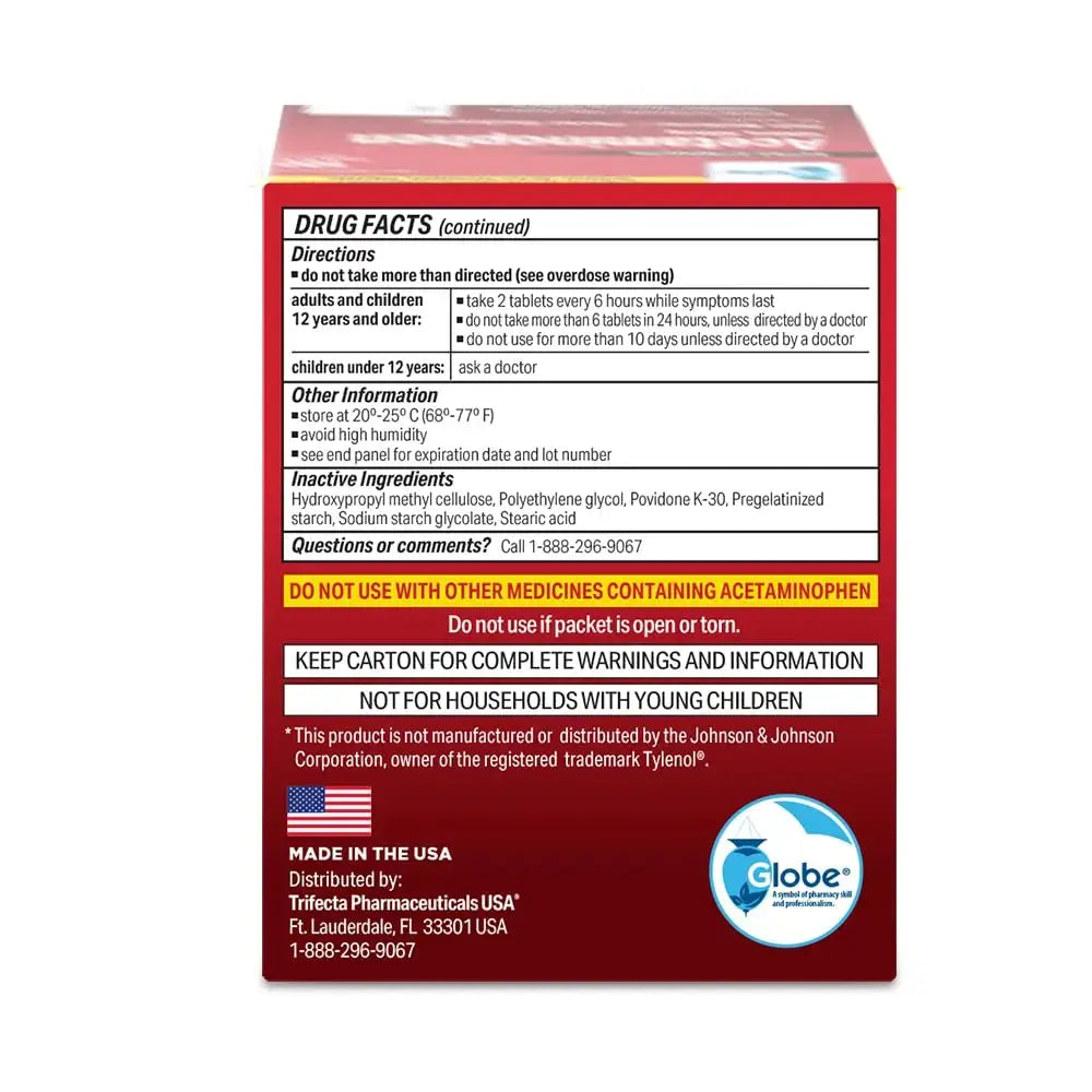 Globe Extra Strength Acetaminophen Tablets 500 mg, Pain Reliever and Fever Reducer, Gentle on Stomach, for Arthritis Pain, Backache Pain and More, 50 Packets of 2 Tablets Each, 100 Count GlobeAu supplements