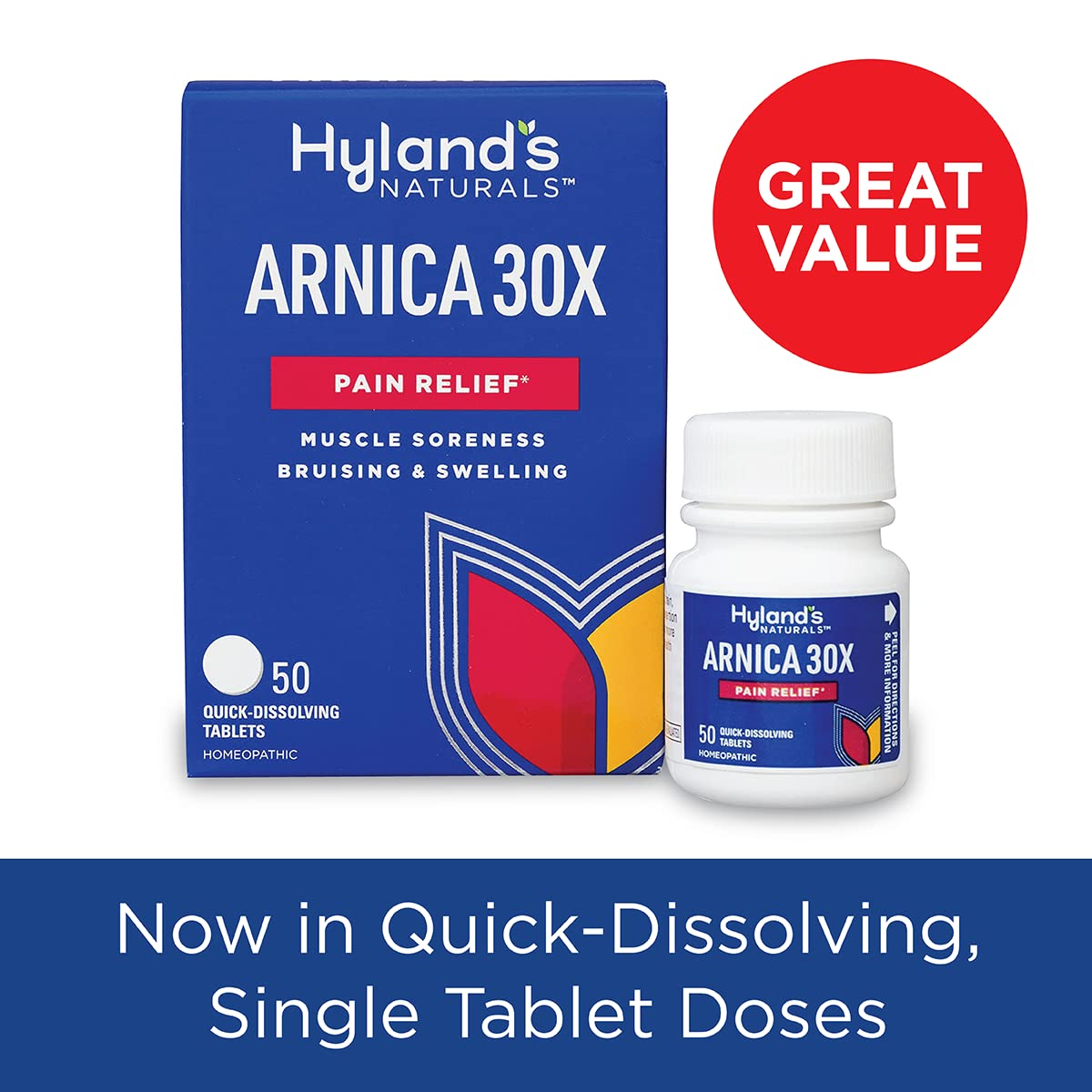 Hyland's Arnica Montana 30x Tablets, Natural Relief of Bruises, Swelling and Muscle Soreness, Quick Dissolving Tablets (Pack of 1, 50 Count Total) Hyland'sAu supplements