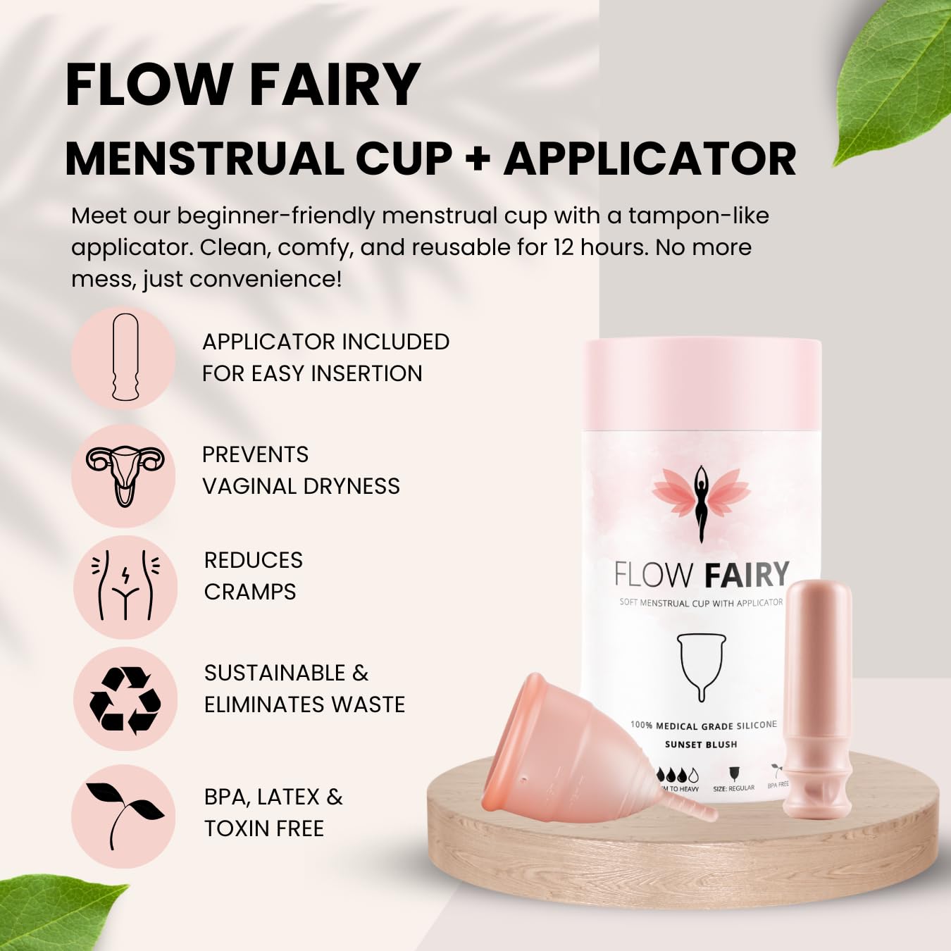 Flow Fairy Reusable Menstrual Cup with Applicator for Easy Insertion- 100% Medical Grade Silicone Period Cup Flow FairyAu supplements