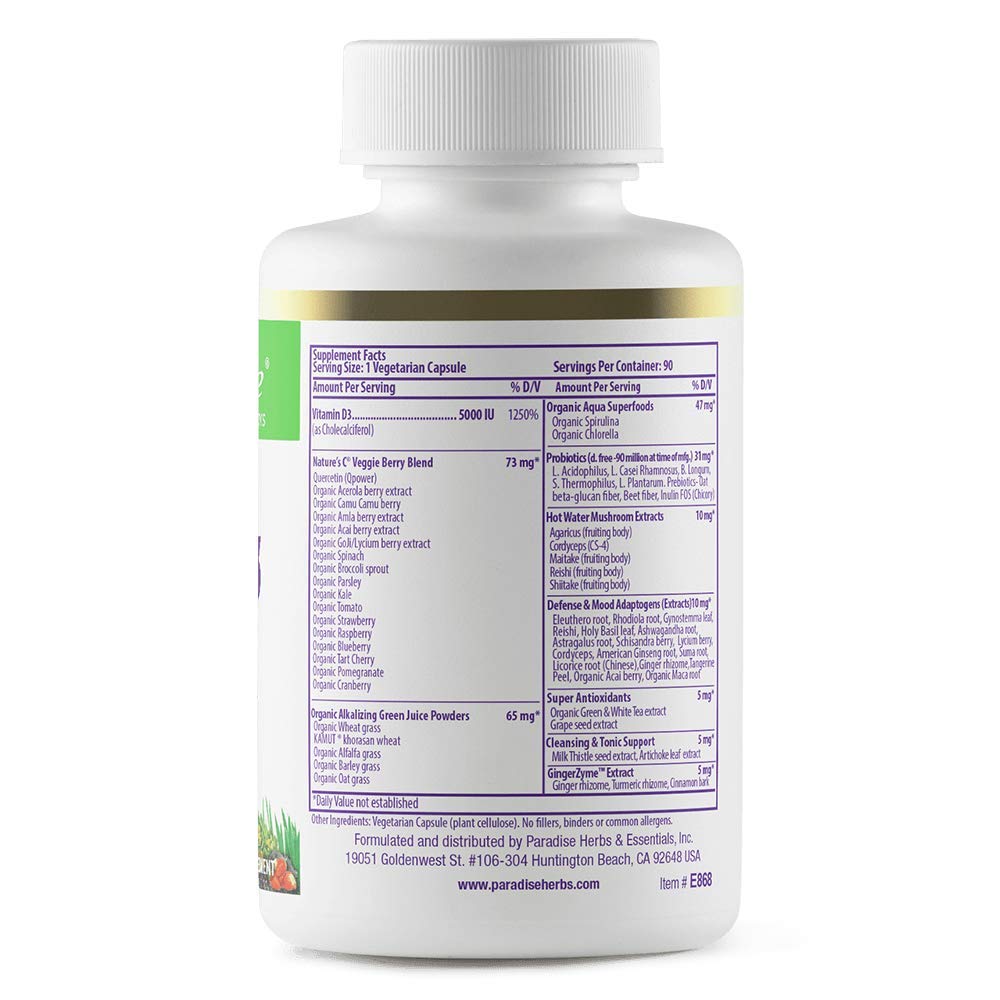 Paradise Herbs Earth's Blend Vitamin D3, Superfoods Base of Probiotics and Organic Alkalizing Greens, Veggies & Berries, 90 Vegetarian Capsules Paradise HerbsAu supplements