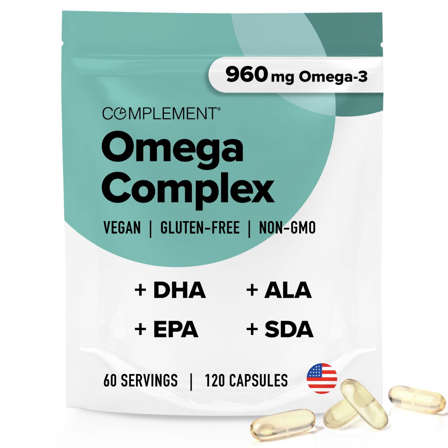Complement Vegan Omega 3 Supplement- 960mg Omega-3 Fatty Acids, DHA, EPA, SDA, ALA Supplement - Immune Support- 60 Servings, 120 Liquid Capsules ComplementAu supplements