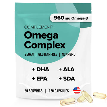 Complement Vegan Omega 3 Supplement- 960mg Omega-3 Fatty Acids, DHA, EPA, SDA, ALA Supplement - Immune Support- 60 Servings, 120 Liquid Capsules ComplementAu supplements