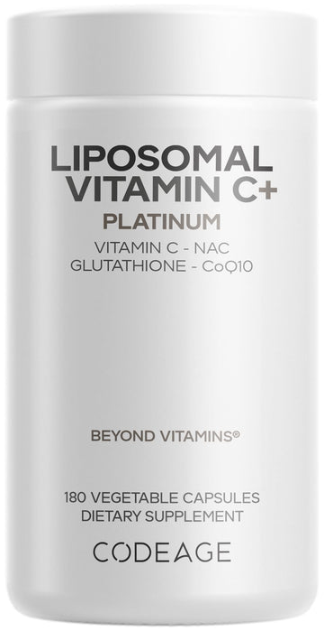 Codeage Liposomal Vitamin C+ Platinum - 1000 Mg Vitamin C Vitamins, Glutathione, NAC (N Acetyl Cysteine), Resveratrol, CoQ10, Rutin, Elderberry, Quercetin, Rosehip, Citrus Bioflavonoids - 180 Capsules CodeageAu supplements