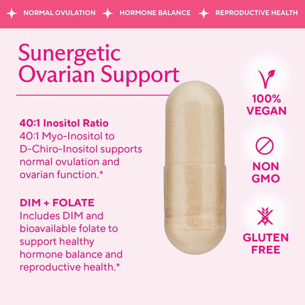 Premium Ovarian Health Support Supplement – Hormone Balance, Ovulation & Cycle Regularity - Myo-Inositol & D-Chiro Inositol Supplement for Women – 40:1 Inositol Ratio With Folate & DIM – 90 Capsules SunergeticAu supplements
