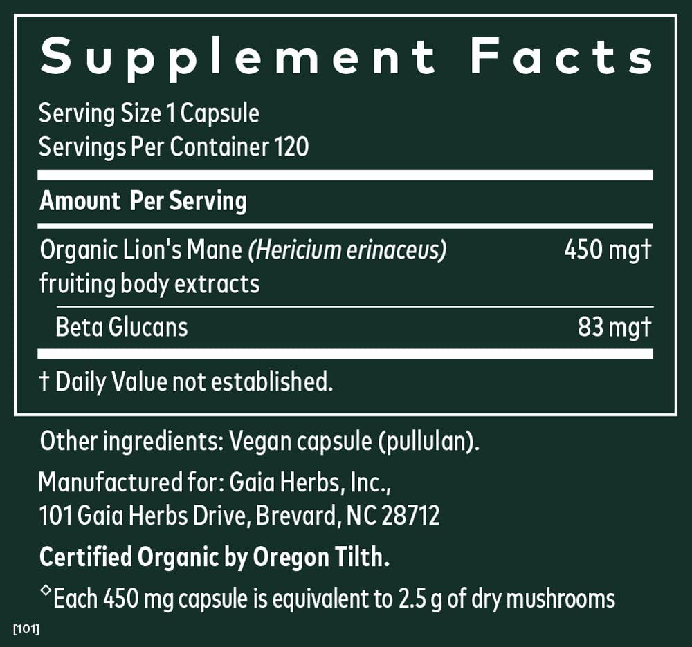 Gaia Herbs Organic Lion’s Mane Mushroom - Brain and Nerve Support Supplement Gaia HerbsUS supplements