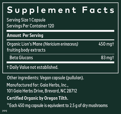 Gaia Herbs Organic Lion’s Mane Mushroom - Brain and Nerve Support Supplement Gaia HerbsUS supplements