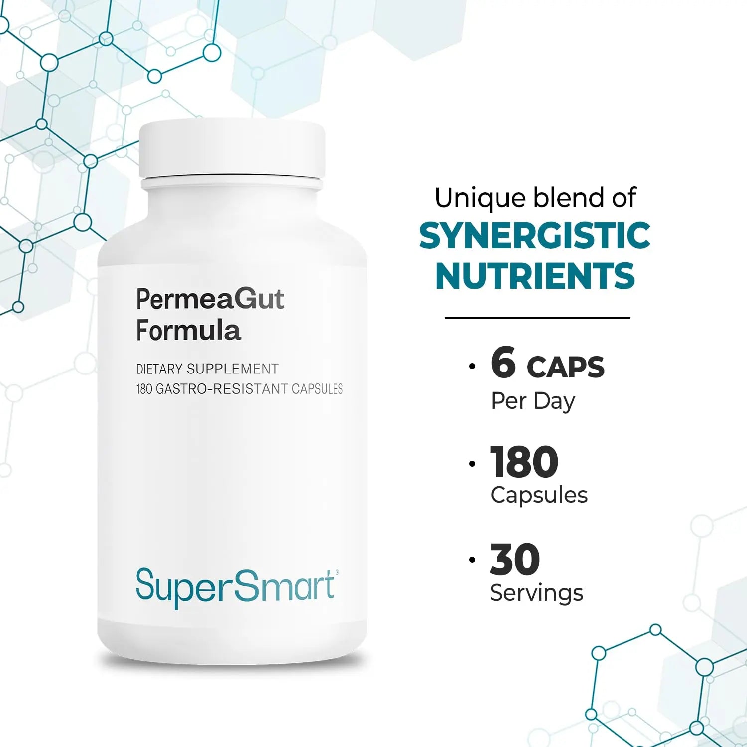 Supersmart PermeaGut Formula (High Potency) - with L-Glutamine, ButiShield Calcium Butyrate, Zinc-L-Carnosine - Gut Barrier Support | Vegan & Gluten Free - 180 Gastro-Resistant Capsules Supersmartnz supplements