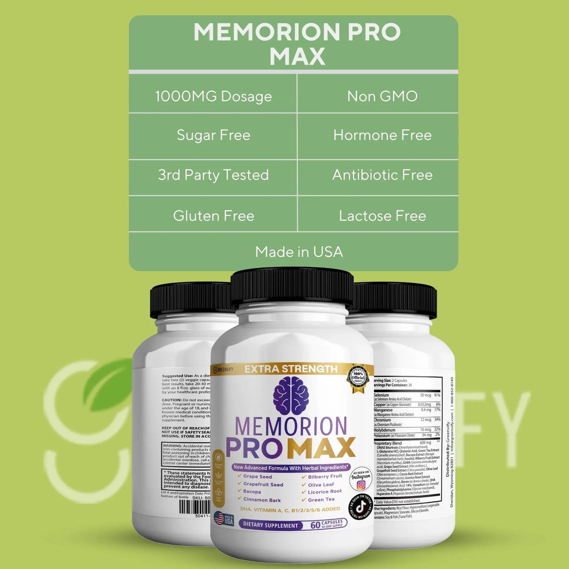 GREENVIFY Memorion Pro Max Extra Strength Brain Support Supplement, 60 Capsules, with DHA, Vitamins, Herbal Blend, 30-Day Supply (1) GREENVIFYnz supplements