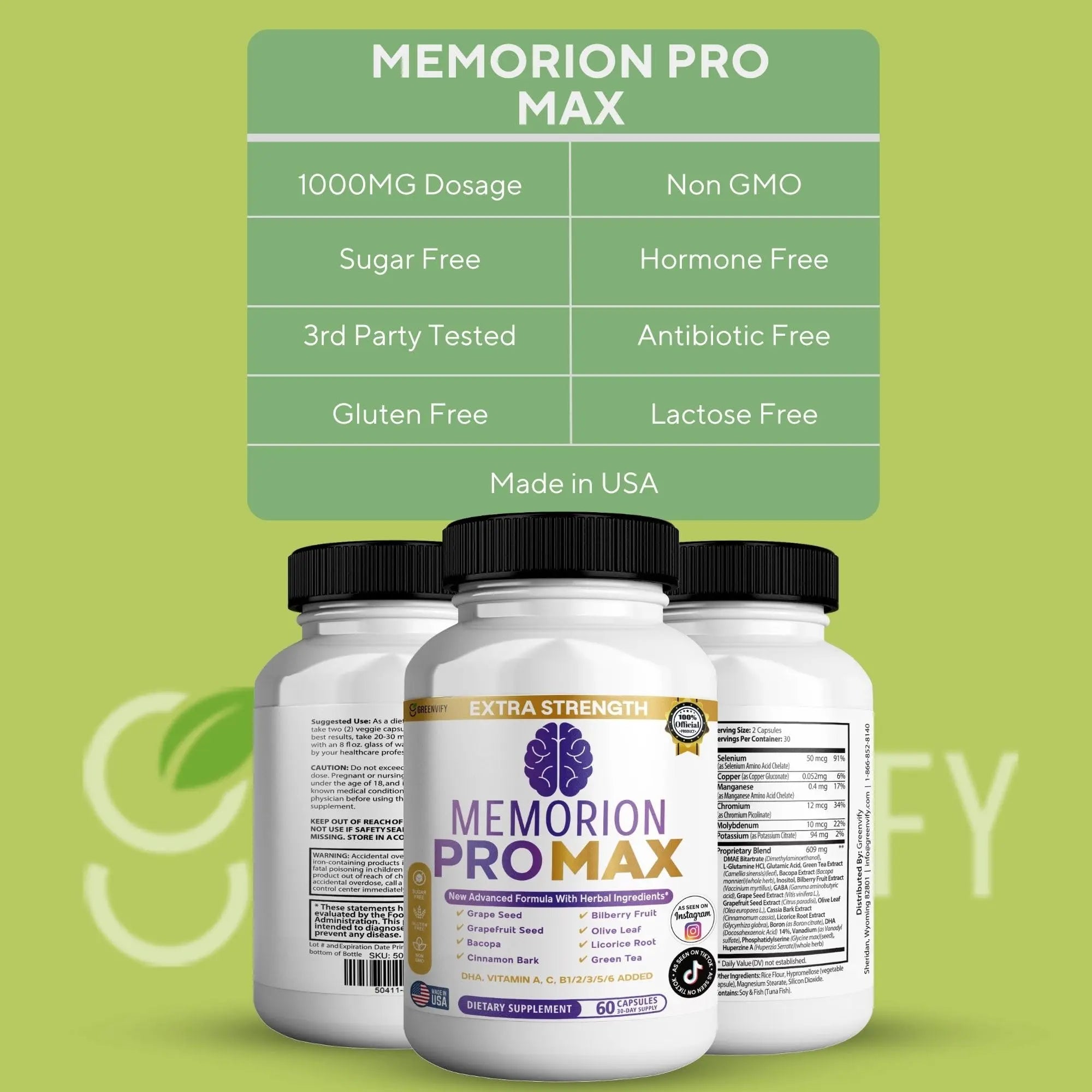 GREENVIFY Memorion Pro Max Extra Strength Brain Support Supplement, 60 Capsules, with DHA, Vitamins, Herbal Blend, 30-Day Supply (1) GREENVIFYnz supplements