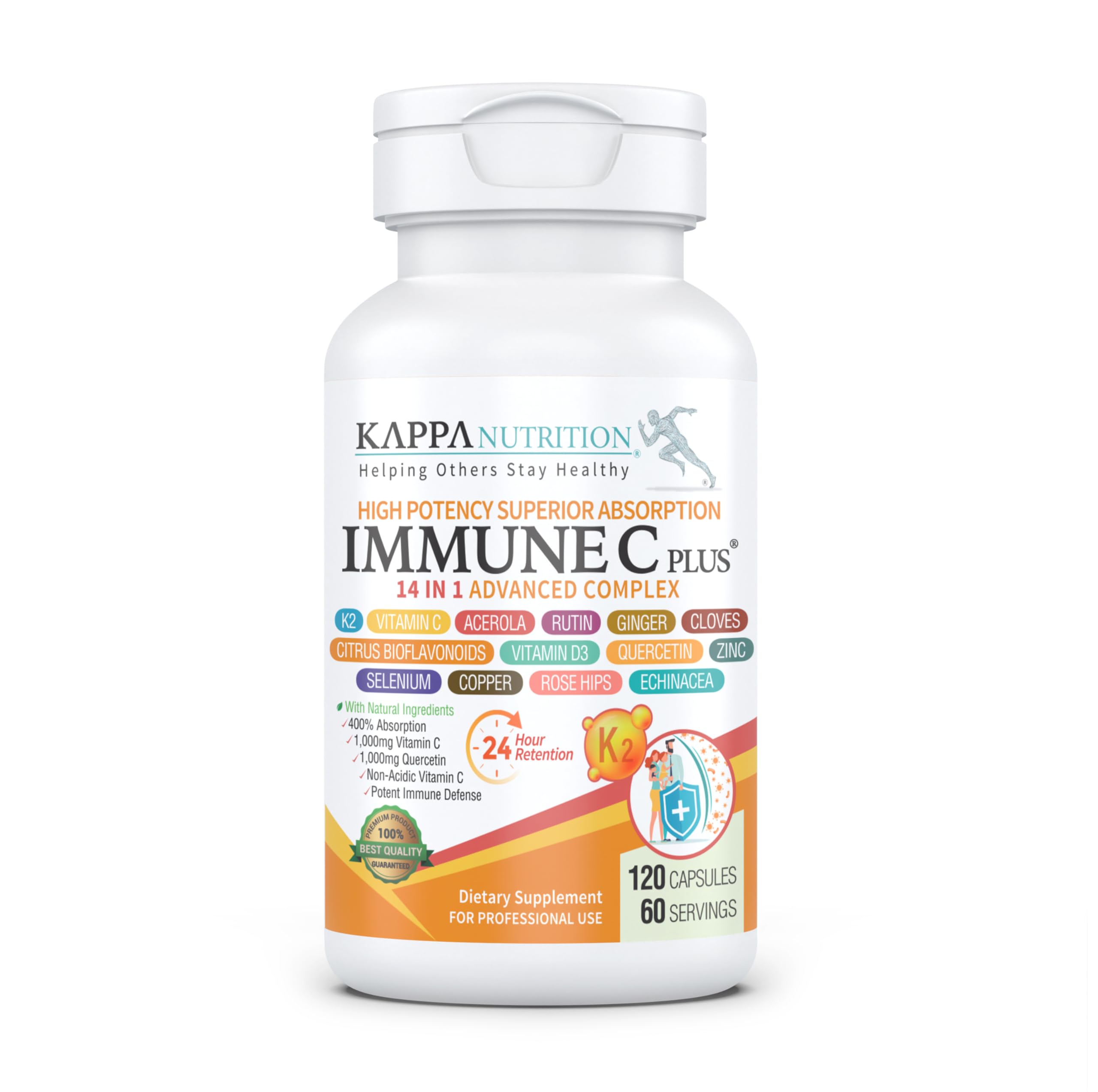 Quercetin 1,000mg, Vitamin C 1,000mg, Zinc 50mg, Vitamin D3 5,000iu, Selenium, Copper, Acerola, Ginger, Rutin, Bitter Orange, Rose Hips, Echinacea, Immune C Plus, 14 in 1 Immune C Plus (120 Count) KAPPA NUTRITIONAu supplements