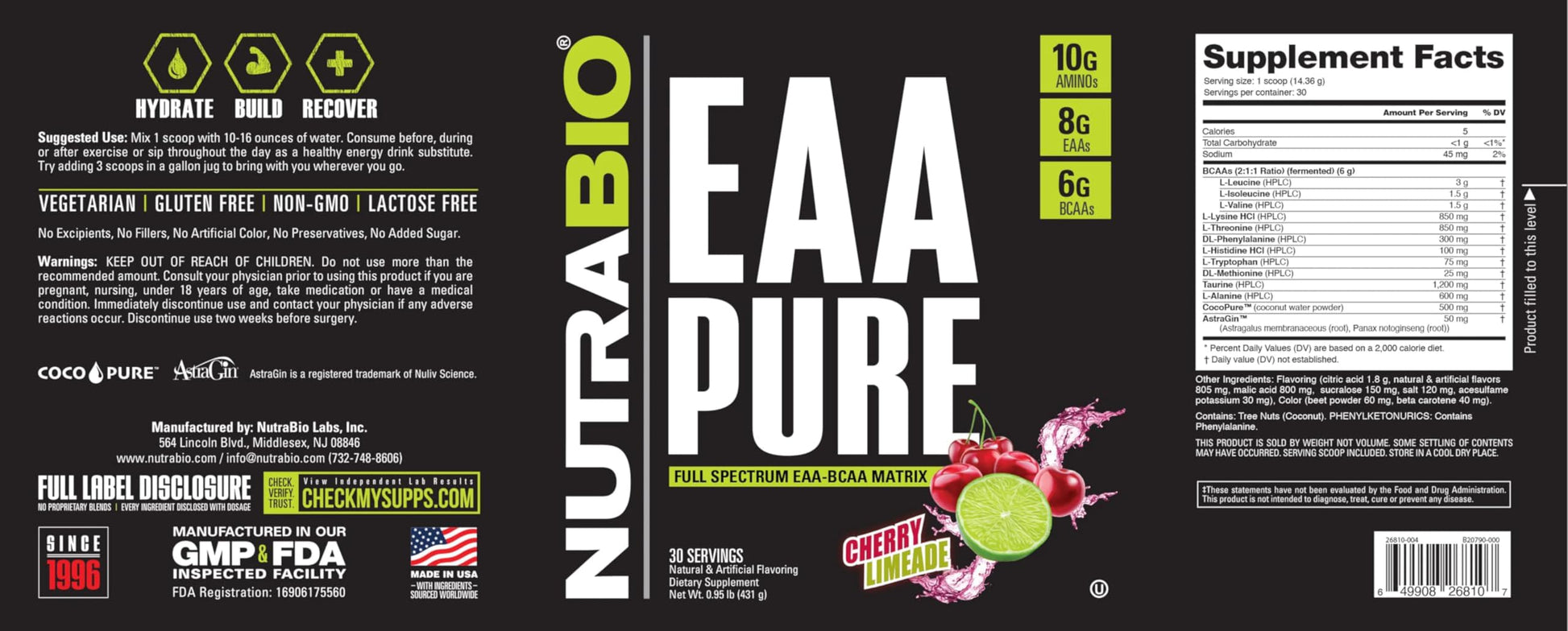 NutraBio – EAA Pure – 9 Amino Acids – Muscle Repair and Recovery, 30 Servings, Cherry Limeade – Pre or Post Workout – All Day Recovery NutraBioAu supplements