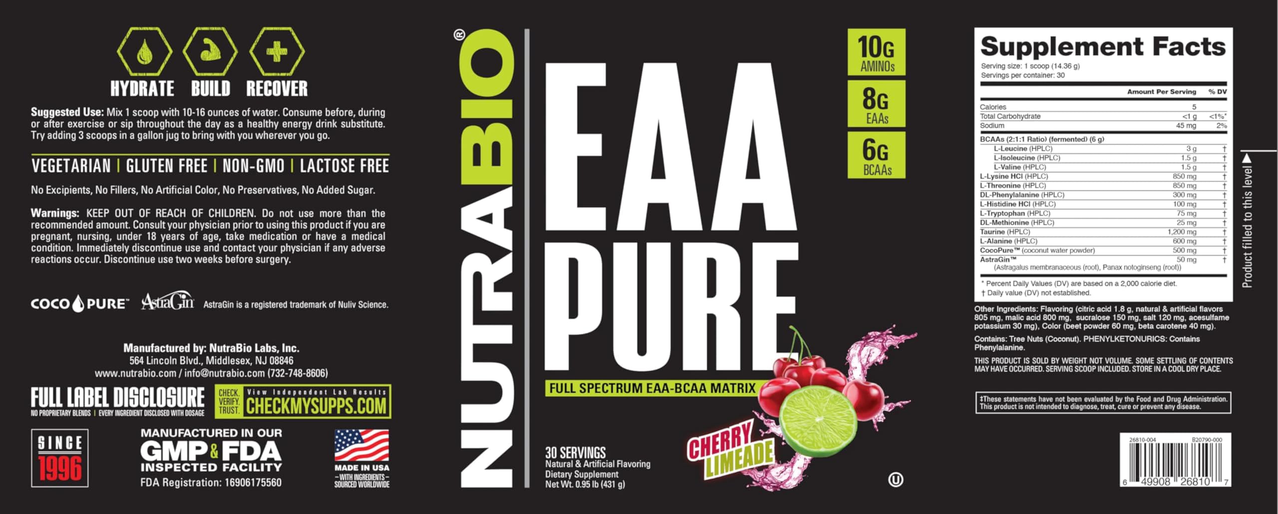 NutraBio – EAA Pure – 9 Amino Acids – Muscle Repair and Recovery, 30 Servings, Cherry Limeade – Pre or Post Workout – All Day Recovery NutraBioAu supplements