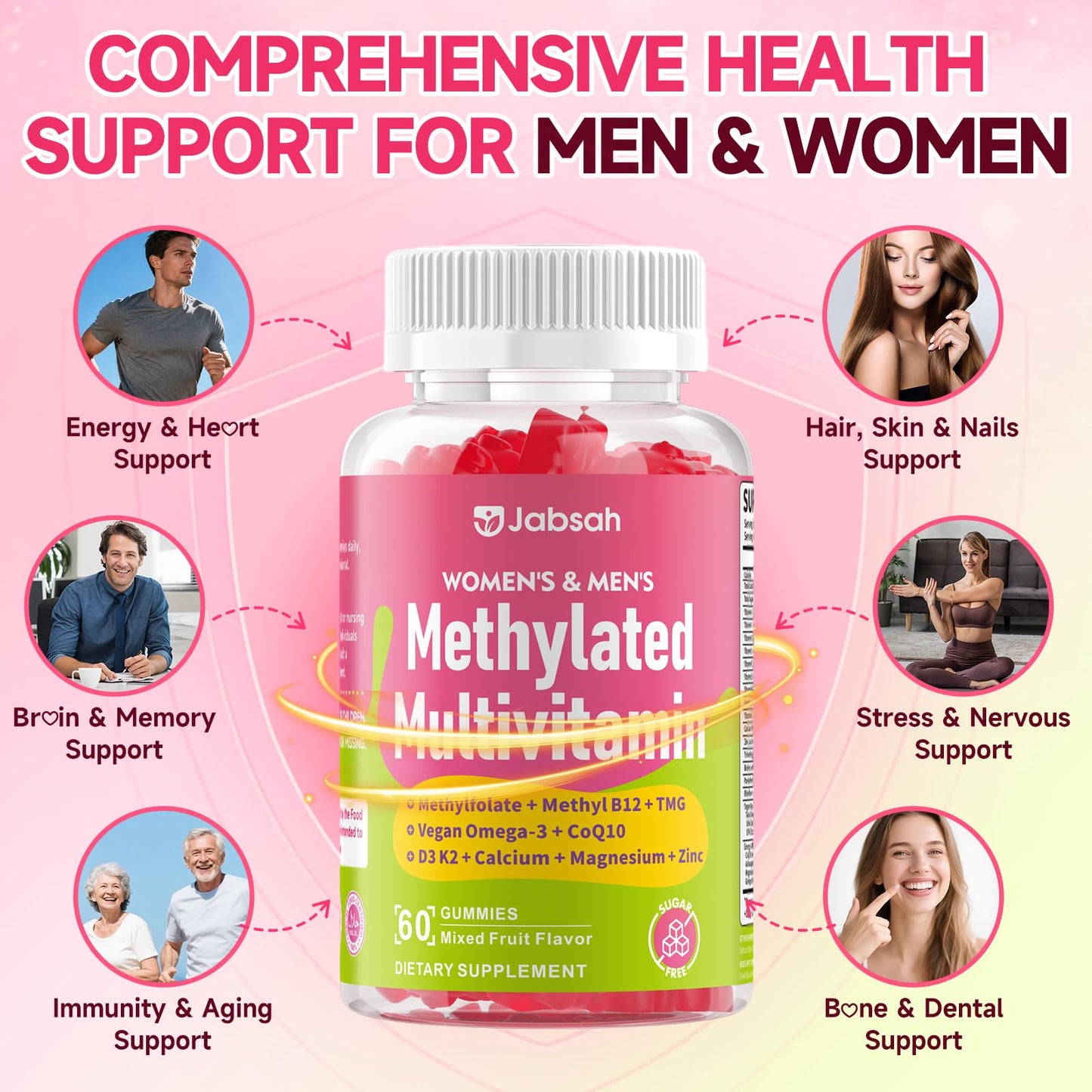 Methylated Vitamin B Complex Gummies for Women & Men, Multivitanins Gummy with Vitamin A, C ,E, Methylfolate & B12, TMG, Calcium, D3 K2 JabsahUS supplements