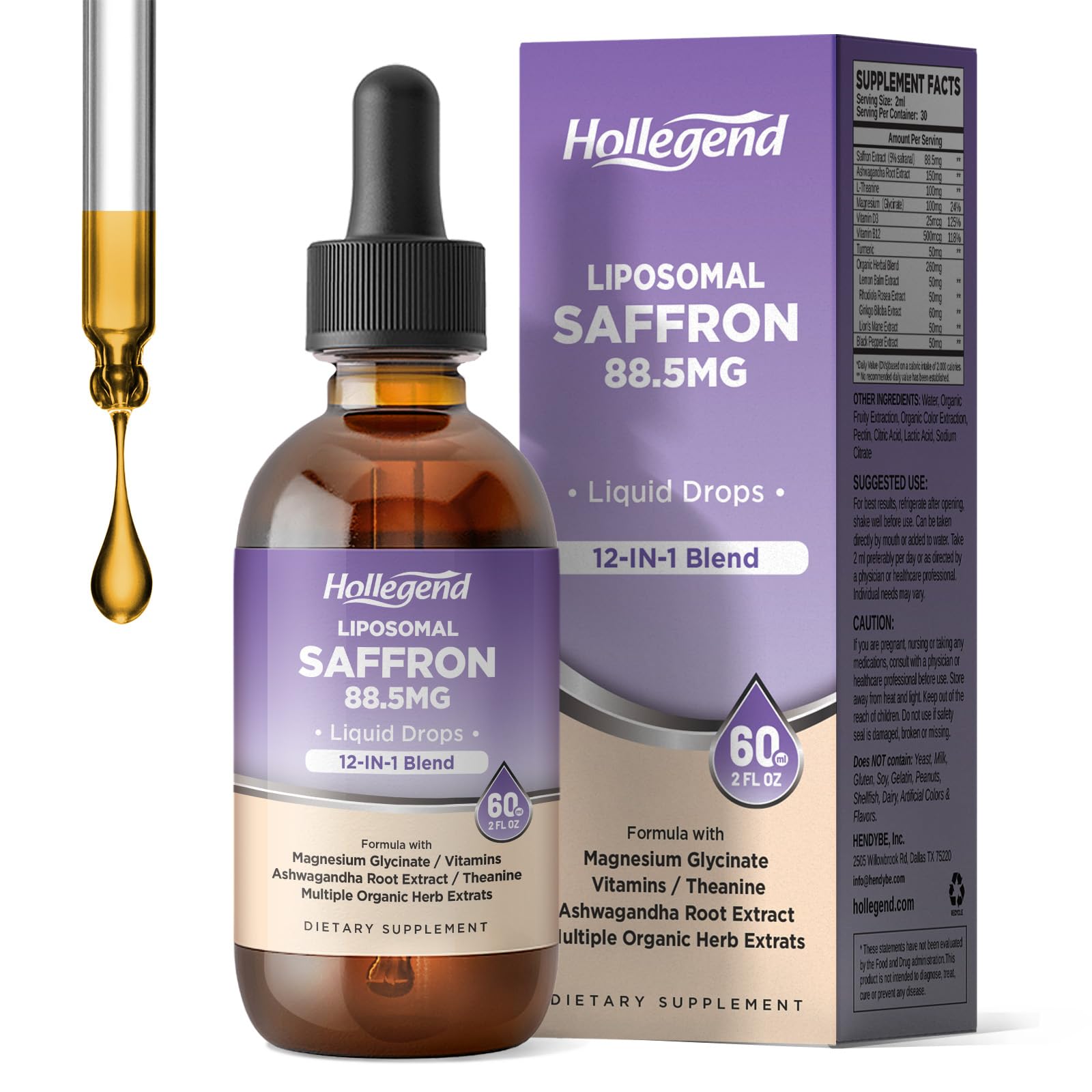 HOLLEGEND Liposomal Saffron Drops for Kids & Adults, Organic Saffron Supplement w/Magnesium, L-Theanine and Vitamins for Stress, Focus, Vision and Energy Support, Vegan, Natural Lemon Flavor, 2 FL OZ HOLLEGENDAu supplements