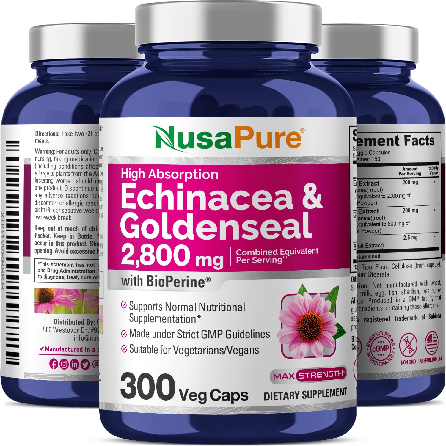 NusaPure Echinacea Goldenseal 200mg, (Extract 10:1, Equivalent to 2,000mg), 200mg, (Extract 4:1, Equivalent to 800mg) - 2800mg 300 Veggie Caps (Vegetarian, Non-GMO, Vegan) NusaPureAu supplements
