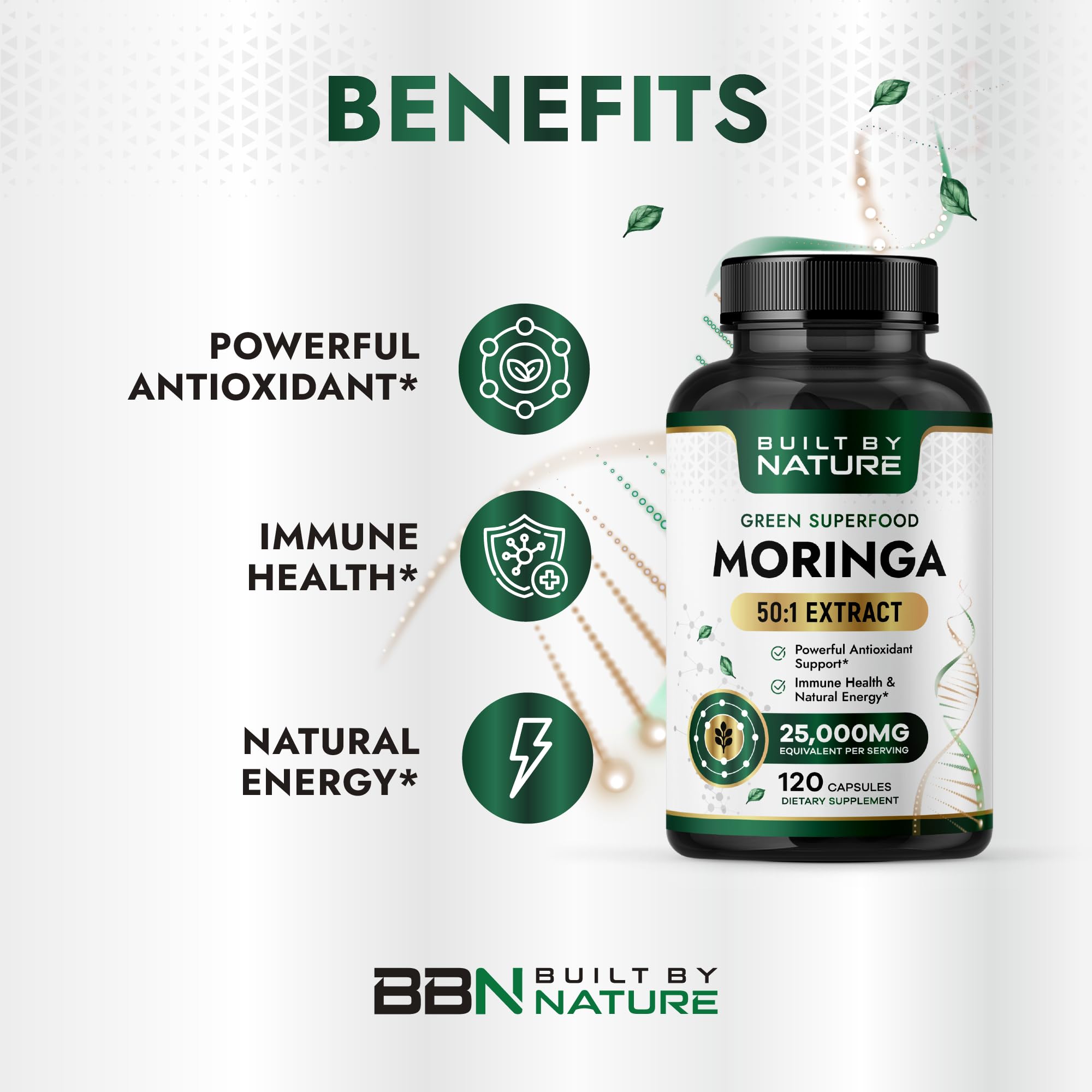 Built by Nature Moringa – 500mg Pure Moringa Leaf Extract 50:1 per Serving – High Potency Moringa Supplement – 120 Capsules Built by NatureAu supplements