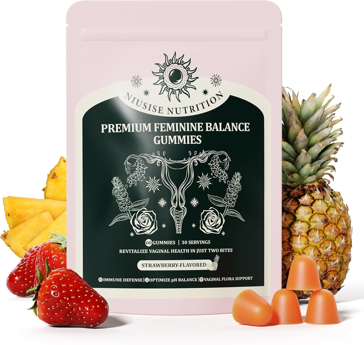 NIUSISE Feminine Balance Gummies, Premium Balance Supplement for Women PH Health, Immune Support, Vegan, Gluten-Free - Hawaiian Pineapple - 120 Gummies - 60 Servings 2 Pack. NIUSISEAu supplements
