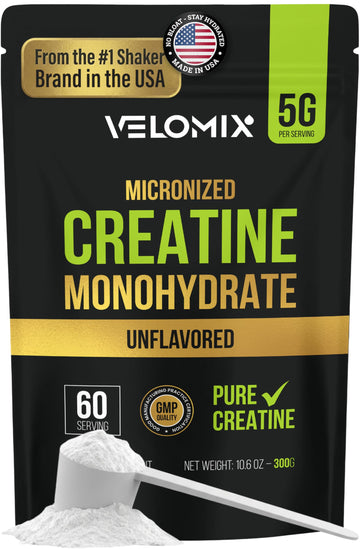 VELOMIX Micronized Creatine Monohydrate Powder - 100% Pure Creatine Powder Unflavored and Easy to Mix | Supports Muscle Growth, Recovery, and Strength | 5000mg Per Serv (5g) - 60 Servings VELOMIXAu supplements