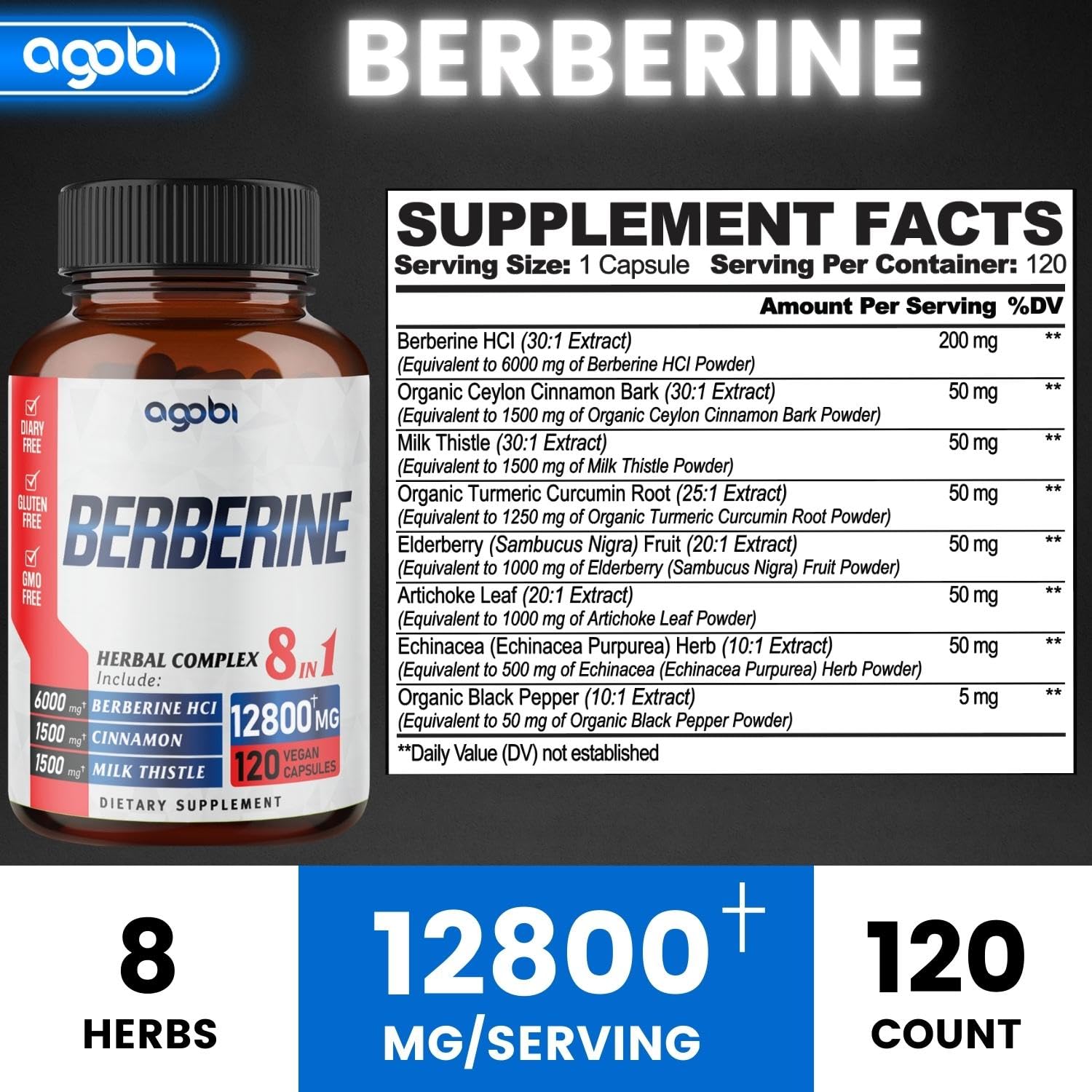 120 Capsules - Berberine Supplement 12800mg with Ceylon, Milk Thistle, Turmeric agobiAu supplements