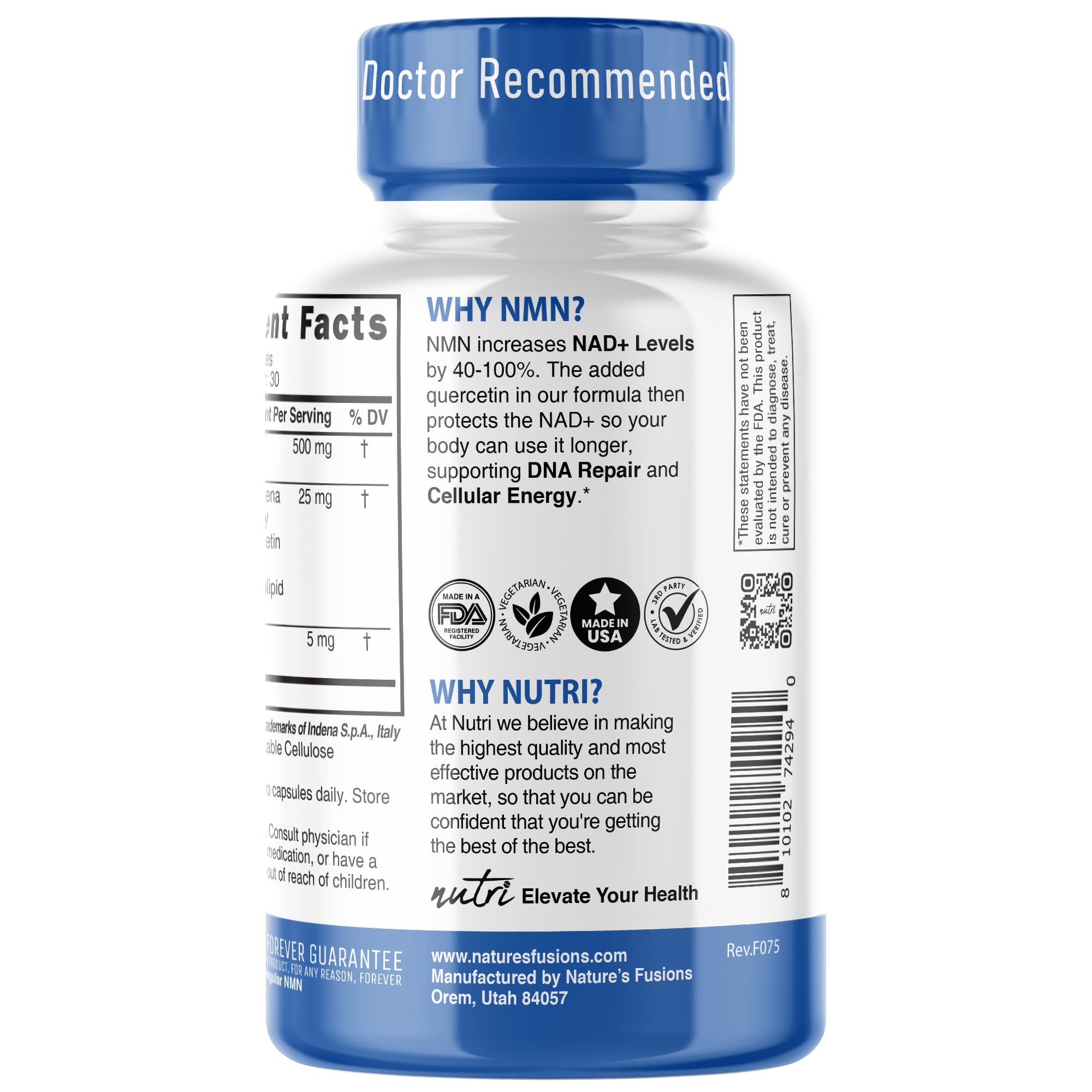 NMN Supplement 500mg NAD Supplement - Nutri Ultra High Absorption Stabilized NMN Nicotinamide Mononucleotide, 40% More NAD+ with Quercetin Phytosome & Black Pepper - mnm supplement (60 Capsules) Nature's FusionsAu supplements