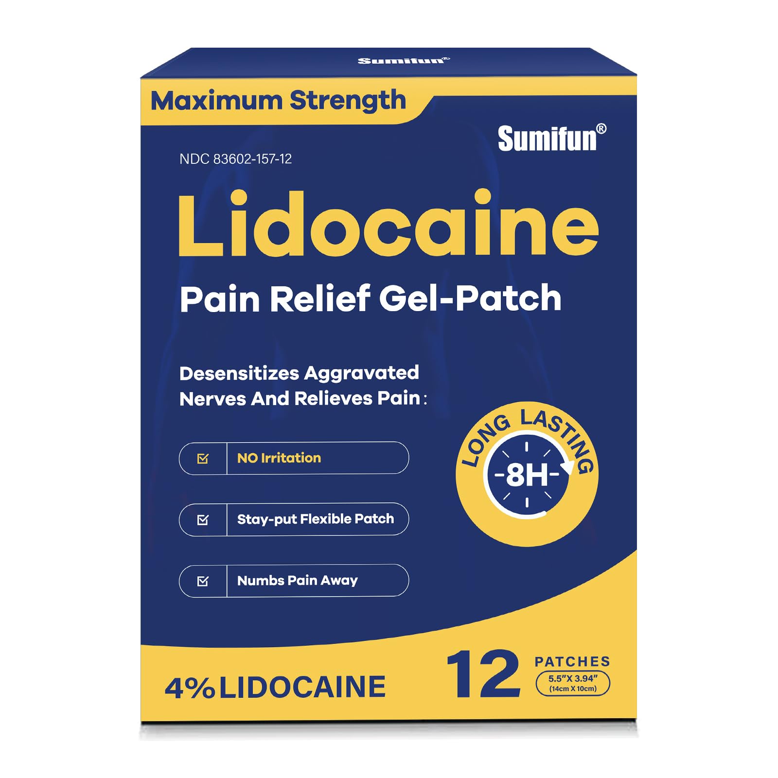 Sumifun 4% Lidocaine Patches Maximum Strength - 12 Count Pain Relieving Gel Patch for Muscle Soreness, Back Ache, Knee, Neck & Joint Pains - Topical Analgesic (Large, Count, 12) SumifunAu supplements