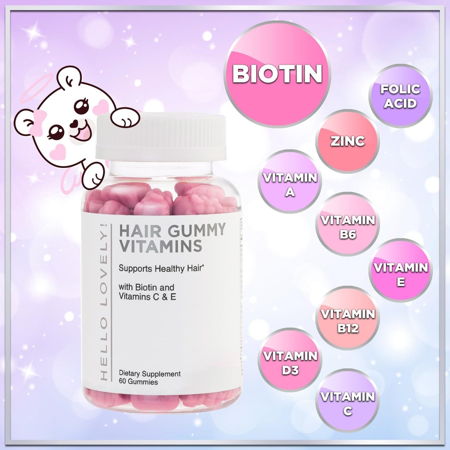 Hello Lovely! Hair Vitamins Gummies with Biotin 5000 mcg Vitamin E & C Support Hair Growt Hello Lovely!US supplements