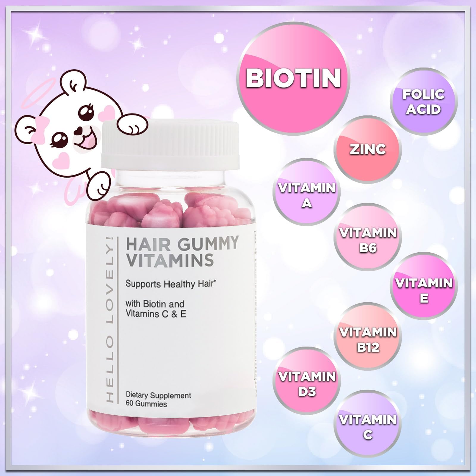 Hello Lovely! Hair Vitamins Gummies with Biotin 5000 mcg Vitamin E & C Support Hair Growt Hello Lovely!Au supplements