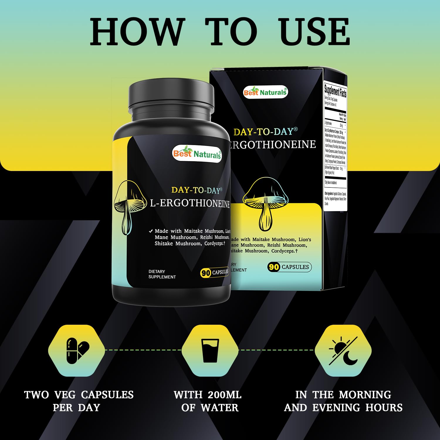 Best Naturals Day-to-Day L-Ergothioneine 25 mg with Maitake Mushrom, Lion's Mane Mushroom, Reishi Mushroom 90 Capsules Best NaturalsAu supplements