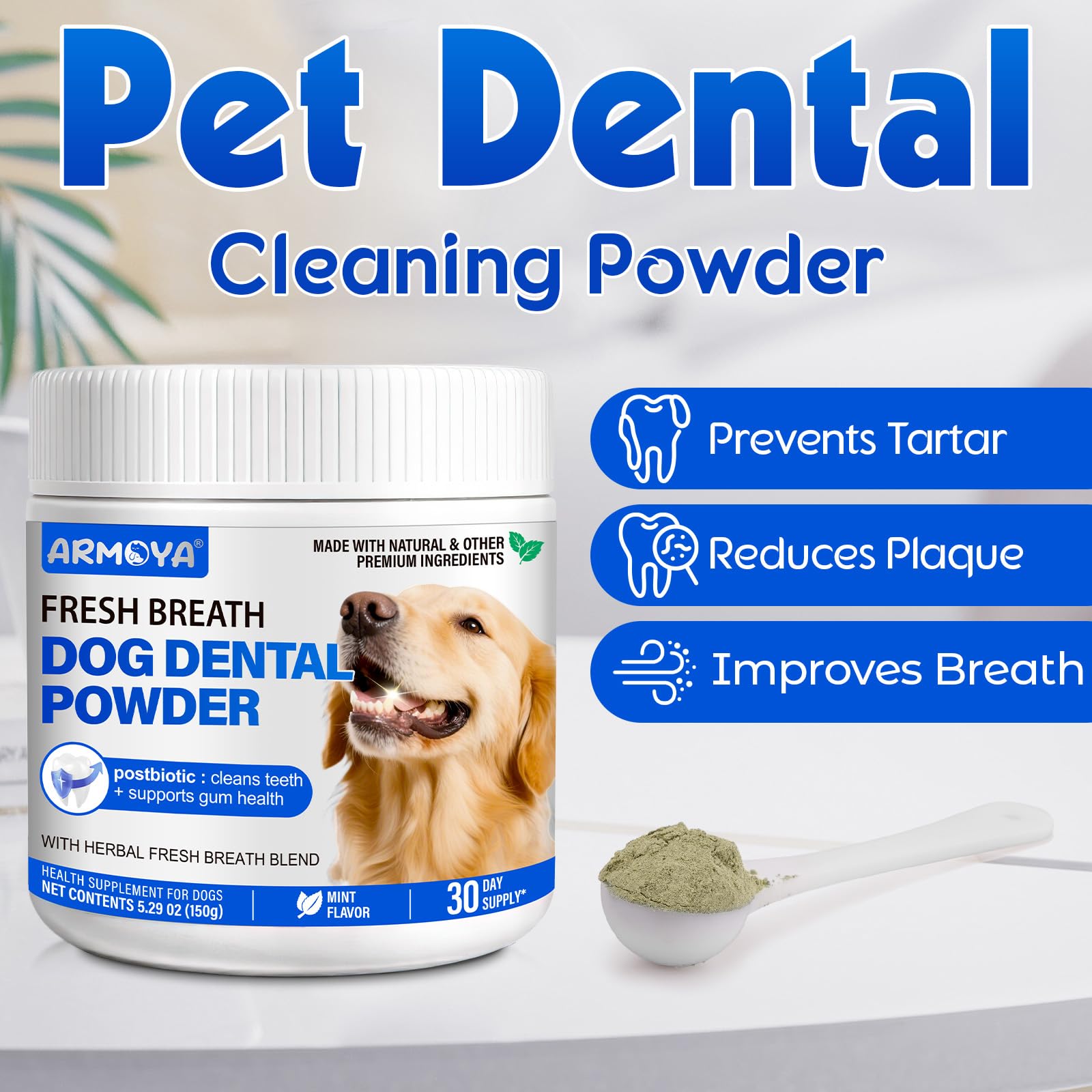 Dog Teeth Cleaning Powder - Dental Powder for Dogs Teeth - Plaque Removal - Supports Gum Health - Tartar Remover with Natural Herb Blend and Postbiotics 30 Day Supply - Mint Flavor ARMOYAAu supplements