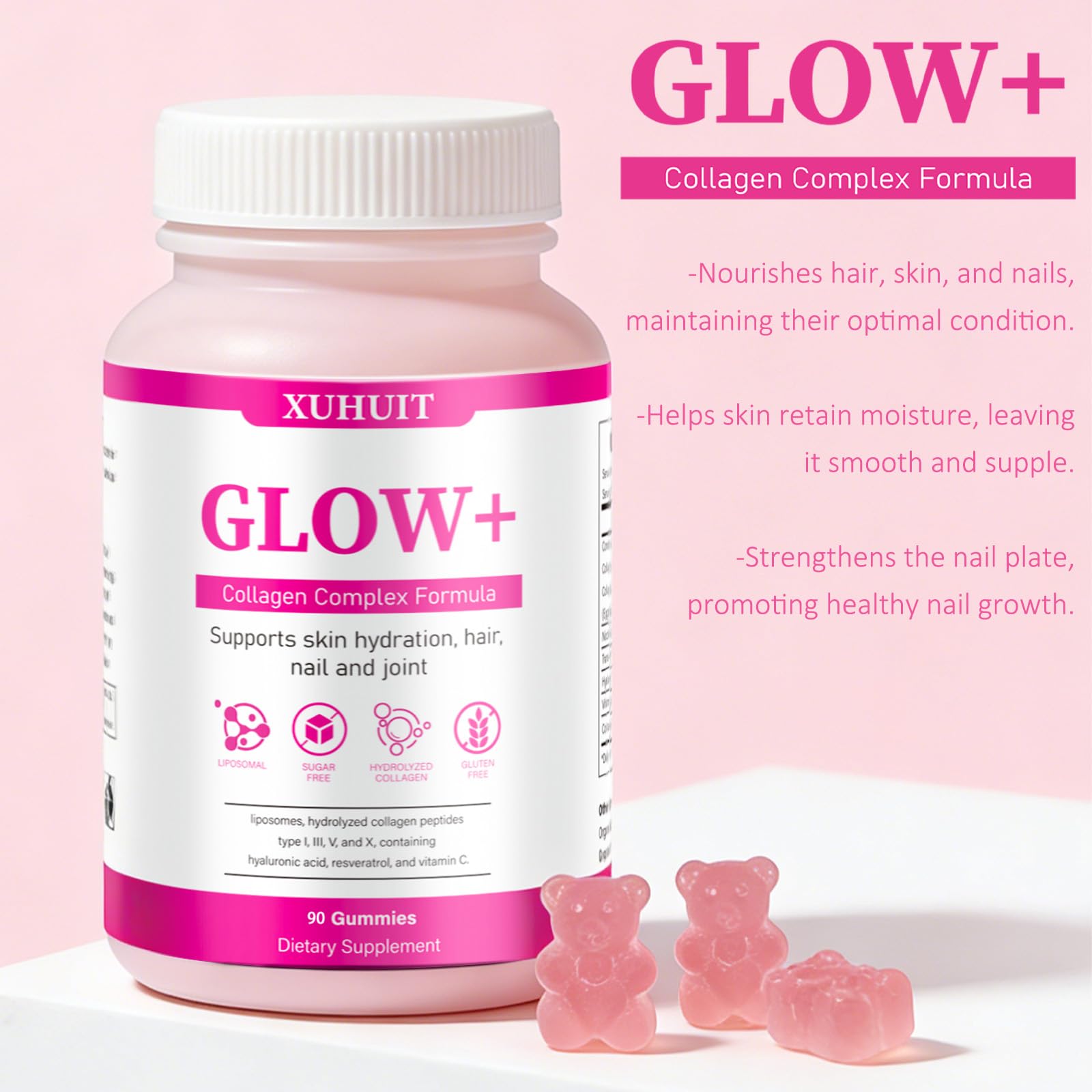 PBZPBZ Glow Collagen Gummies with Hyaluronic Acid & Resveratrol | Gentle Support for Skin, Hair & Nail Care | Non-GMO | 90 Count (1) PBZPBZAu supplements