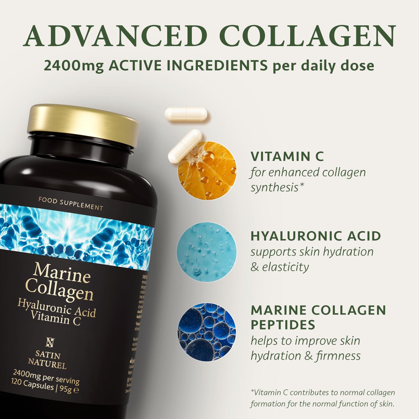 Marine Collagen Capsules with Hyaluronic Acid + Vitamin C 2400mg - High Strength Collagen SatinNaturelUS supplements
