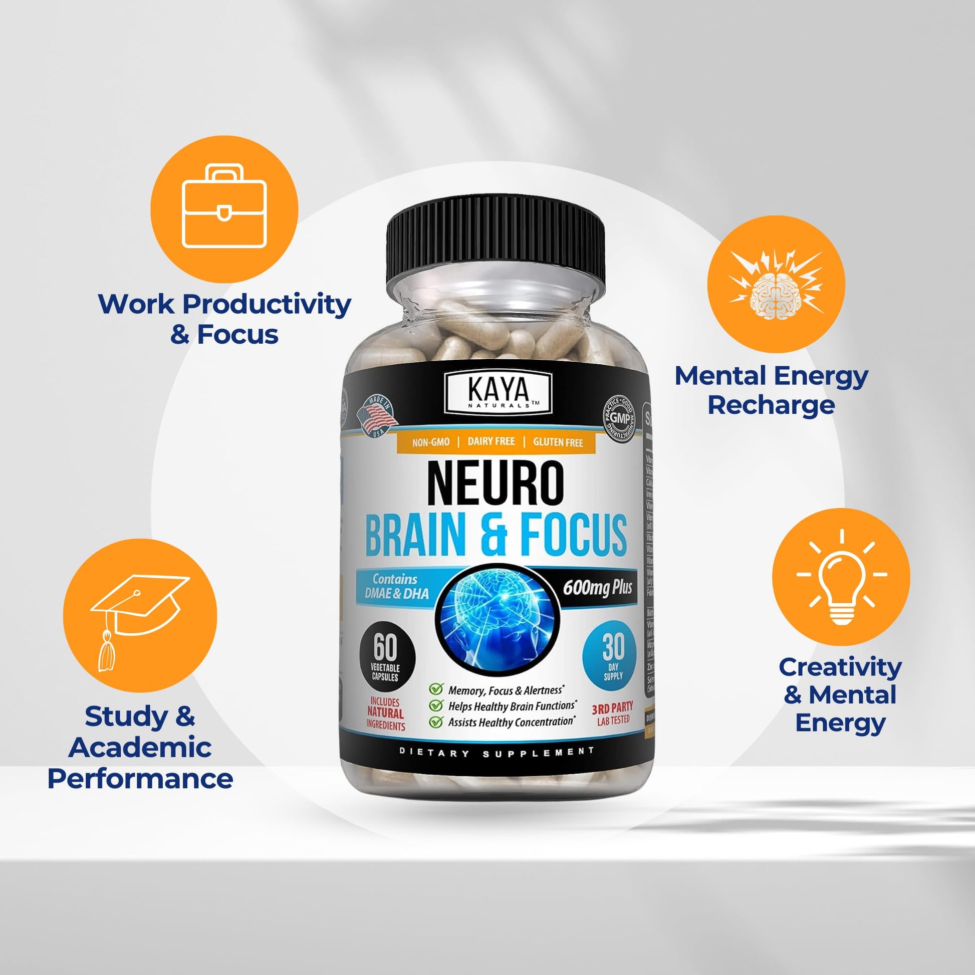 Kaya Naturals - Neuro Brain for Memory & Focus - Nootropic Energy Capsule - Nootropic Brain Support Supplement - Focus & Concentration & Learning Accuracy - Cognitive Function - 60 Count Kaya NaturalsAu supplements