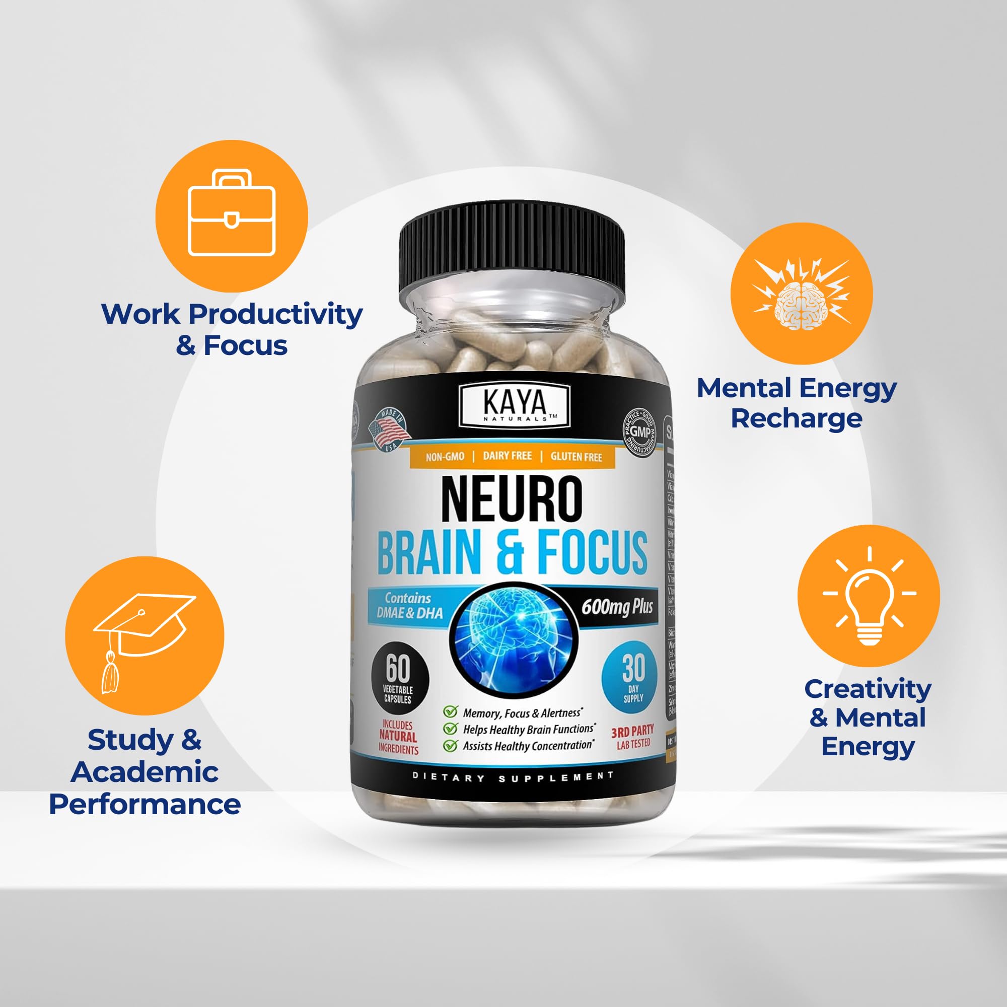 Kaya Naturals - Neuro Brain for Memory & Focus - Nootropic Energy Capsule - Nootropic Brain Support Supplement - Focus & Concentration & Learning Accuracy - Cognitive Function - 60 Count Kaya NaturalsAu supplements
