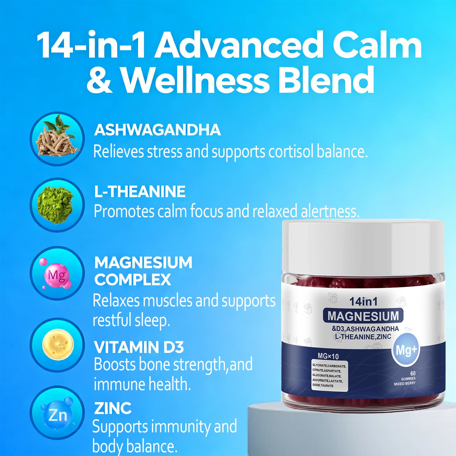 Magnesium Complex Gummies for Women & Men, Calm Magnesium Gummies for Women & Men, 14-in-1 with Ashwagandha, L-Theanine, Vitamin D3 & Zinc, 60 Count (1) UYPOAu supplements