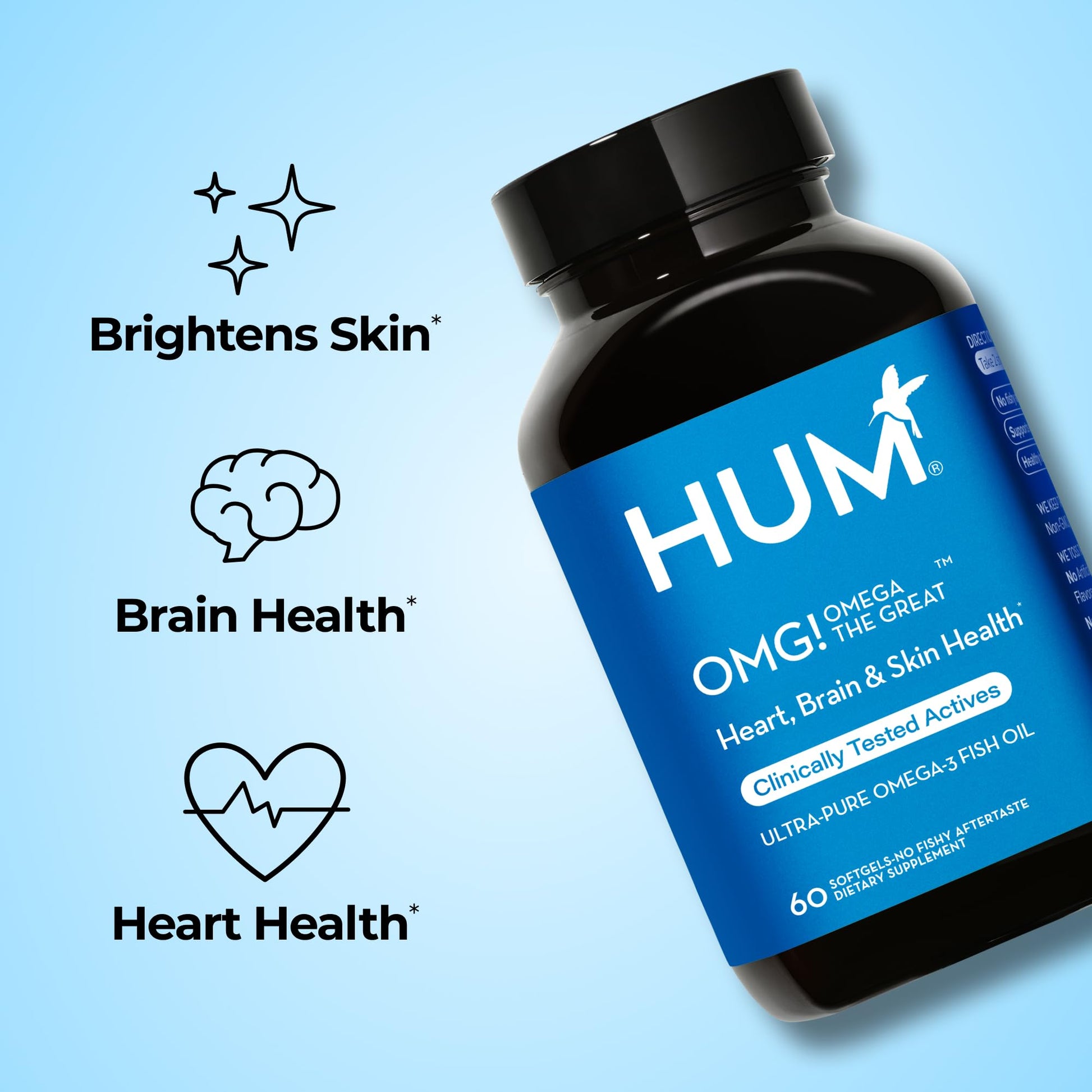 HUM OMG! Omega The Great Triple Omega 3 Fish Oil Supplement for Women & Men with Vitamin E, DHA & EPA, Skin Care & Skin Tone Support for Heart & Brain Health, Gluten Free, Non GMO, 60 Softgels HUMUS supplements
