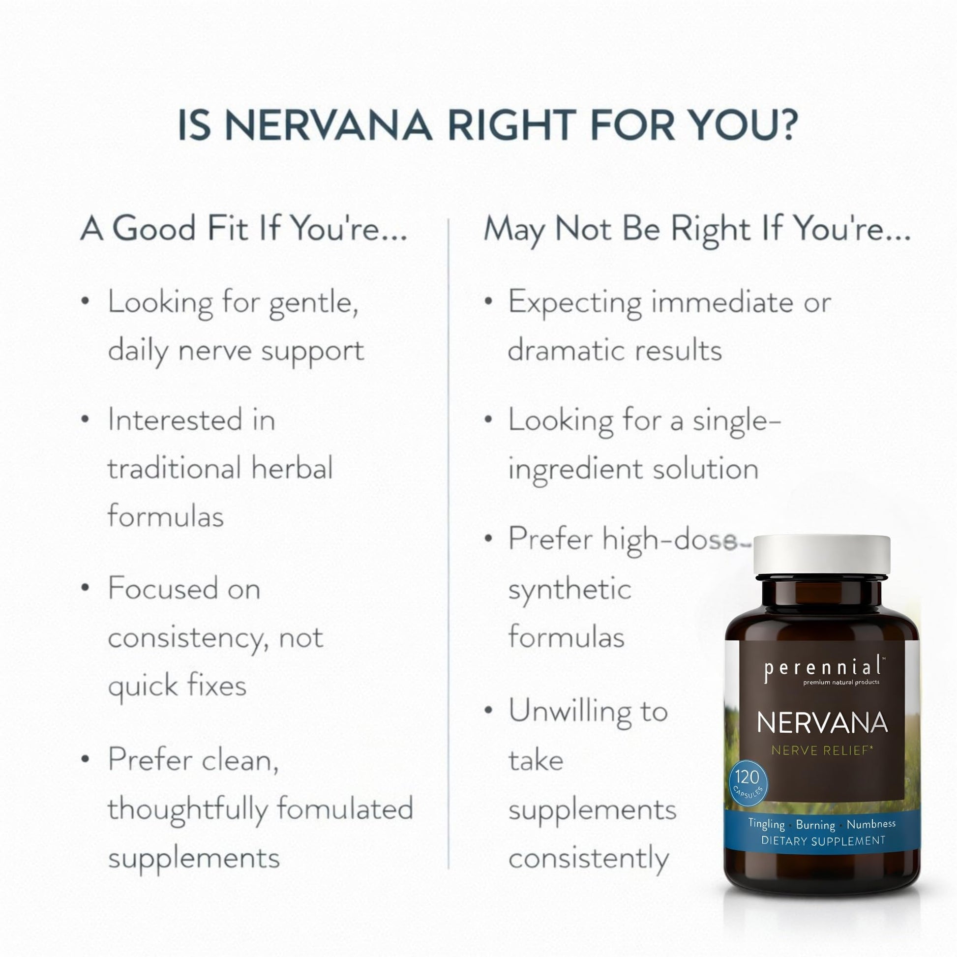 Perennial Nervana – Herbal Nerve Support for Tingling, Burning & Numbness Relief – Promotes Calm Focus & Stress Resilience – Non-Drowsy Mood Balance – 120ct* PerennialAu supplements