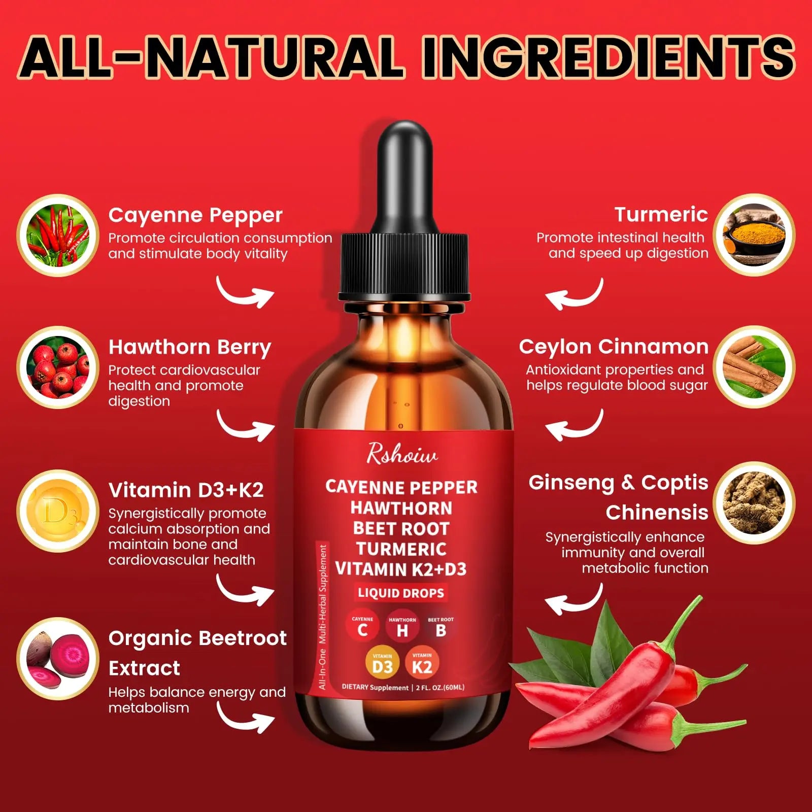 Cayenne Pepper Drops Supplement Liquid with Hawthorn Berry, Vitamin D3 K2, Turmeric Curcumin, Beet Root, Ceylon Cinnamon Vegan- Friendly - 60ml Rshoiwnz supplements